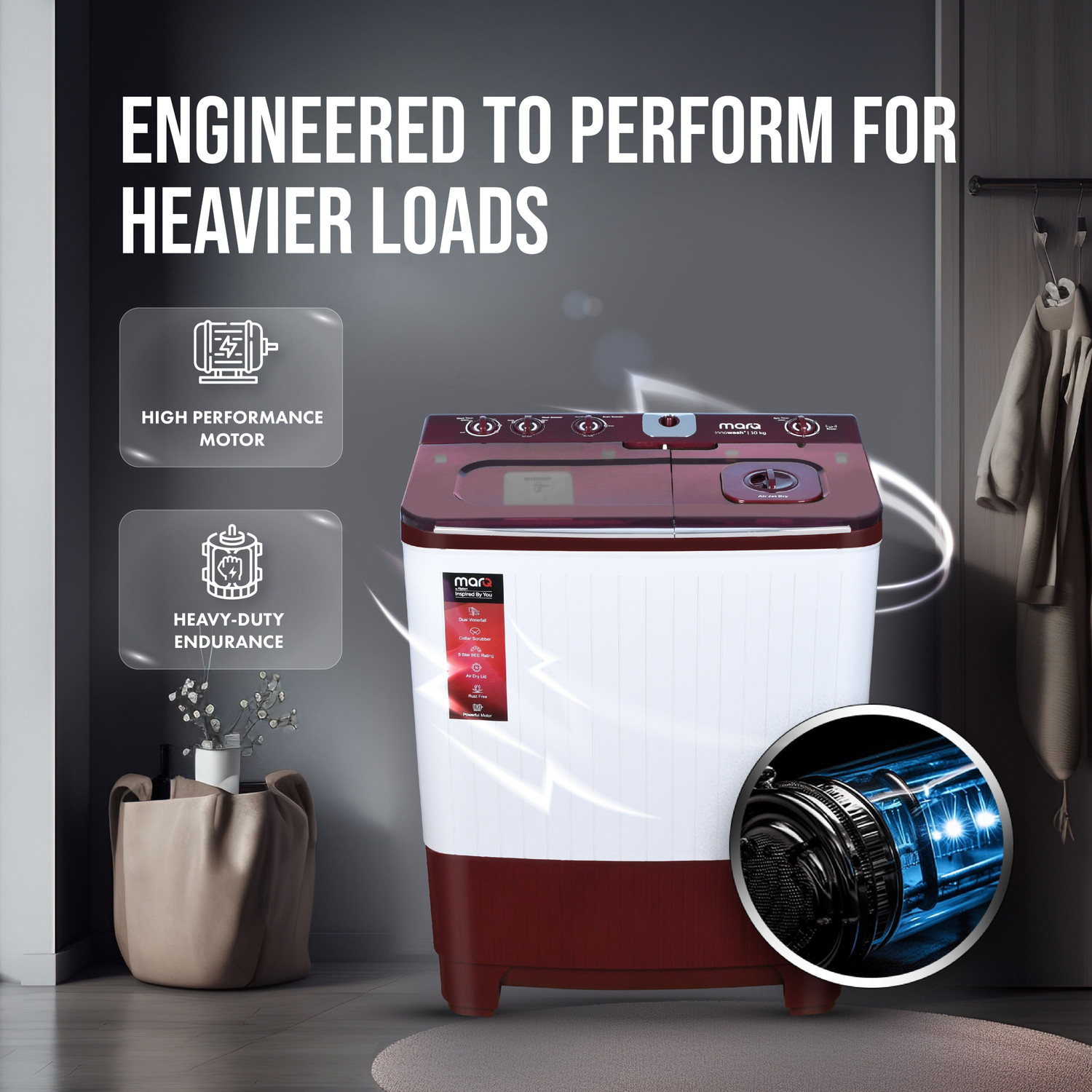 Image of MarQ by Flipkart 10 kg Semi Automatic Top Load Washing Machine Maroon, White