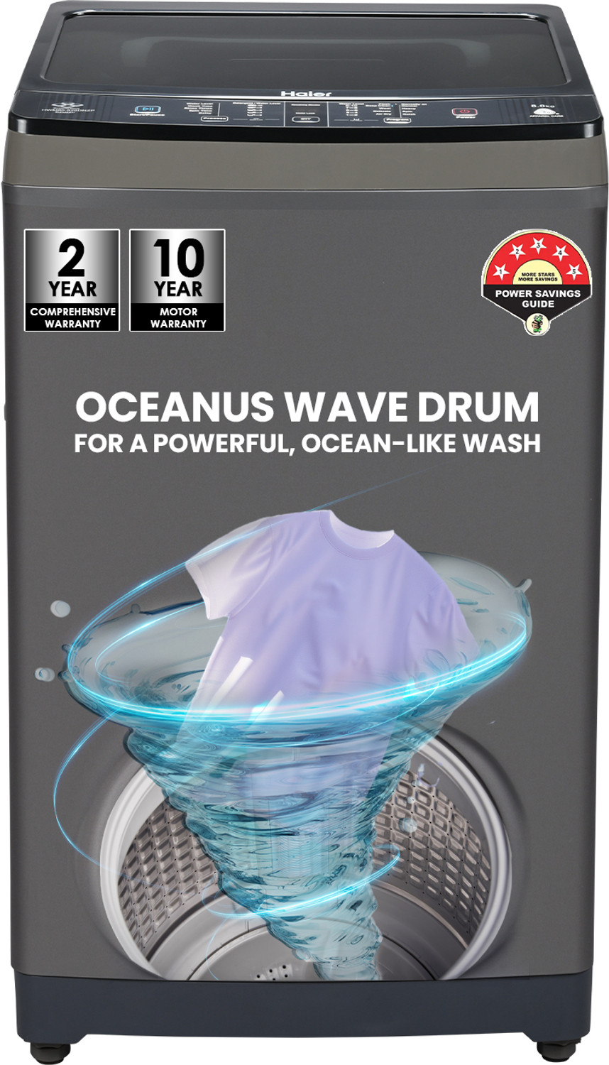 Image of Haier 8 kg Powerful Storm Pulsator, Custom Wash Cycles with Quick Wash, Near Zero Pressure Technology, Dual Magic Filter Fully Automatic Top Load Washing Machine Black, Grey
