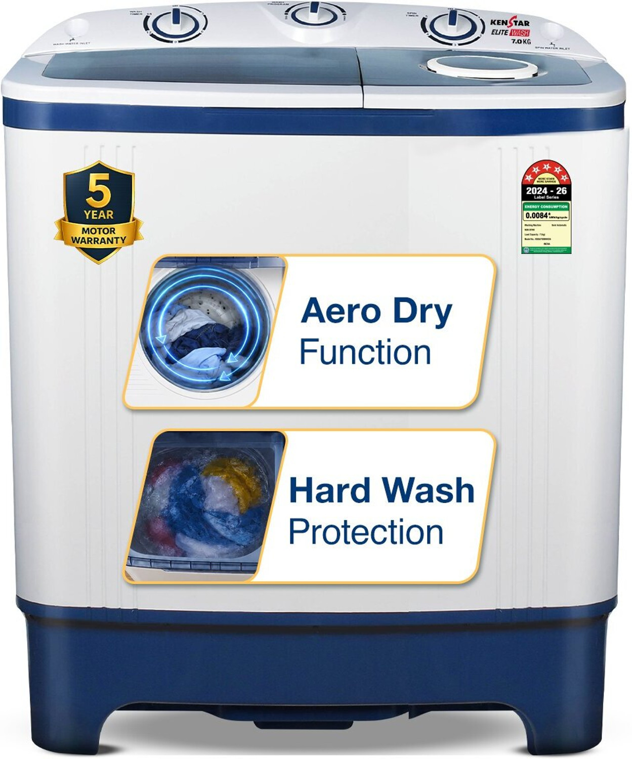 Image of Kenstar 7 kg Semi Automatic Top Load Washing Machine Blue, White