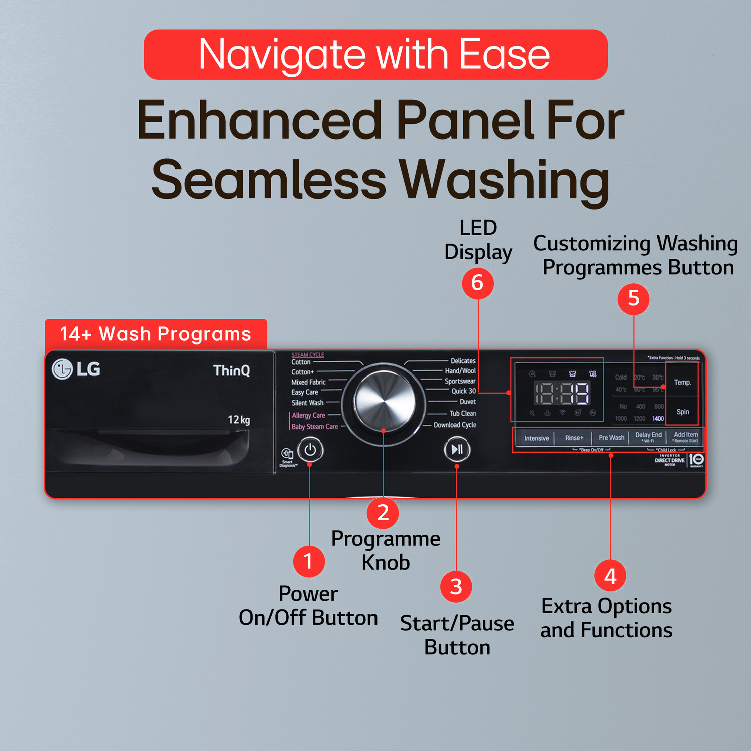 Image of LG 12 kg 5 Star, AI Direct Drive Technology, Wi-Fi Enabled, Steam Wash, Intelligent & Convenient Fabric Care, Allergy Care, Remote Control, In-Built Heater Fully Automatic Front Load Washing Machine with In-built Heater Black