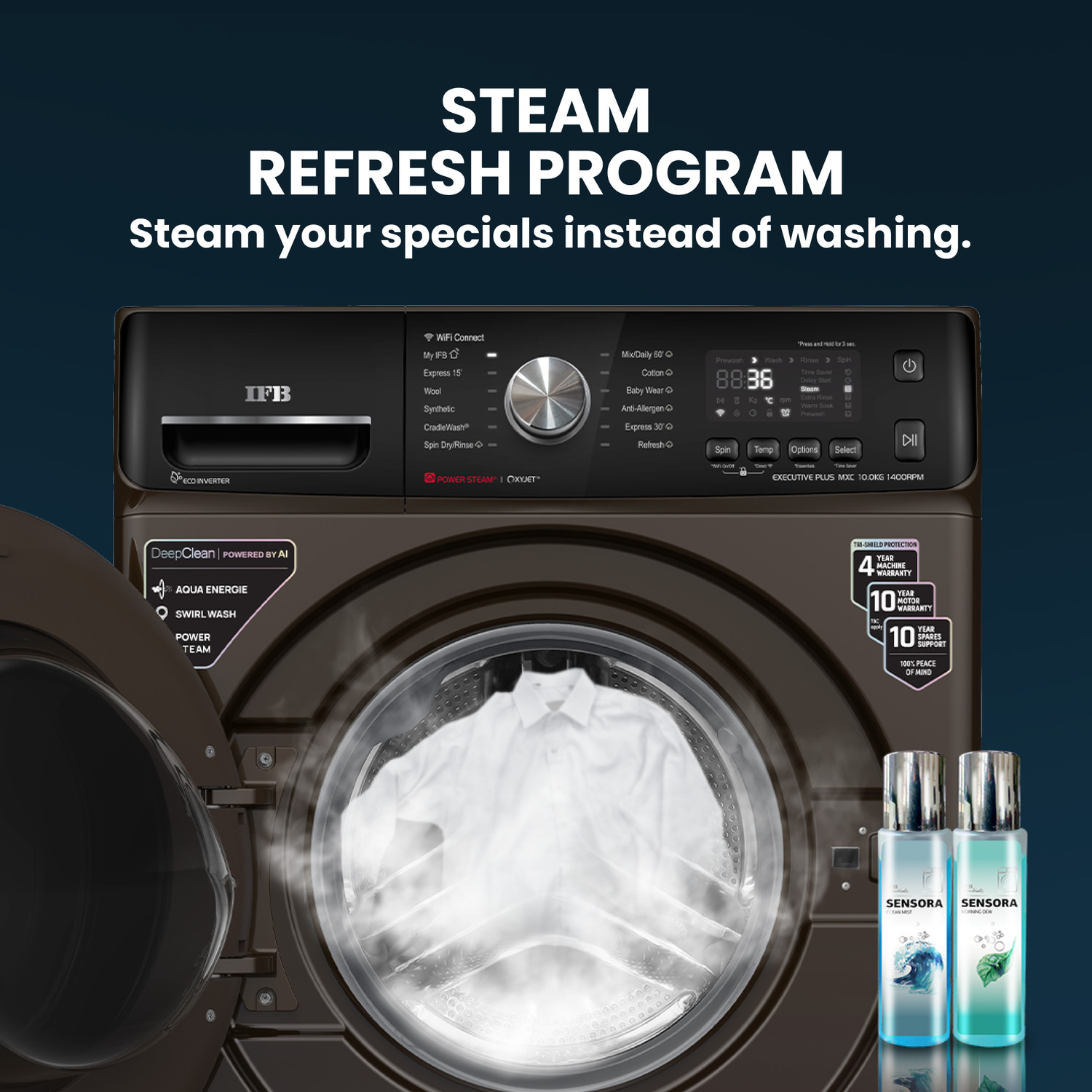 Image of IFB 10 kg 5 Star with Steam Refresh program, 9 Swirl Wash, Eco Inverter, with AI Fully Automatic Front Load Washing Machine with In-built Heater Black