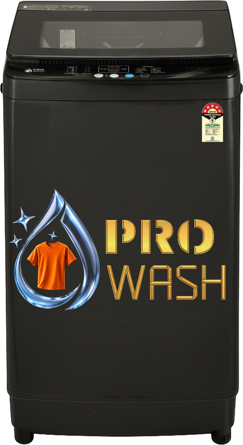 Image of ONIDA 8 kg 5 Star With Staineless Steel Drum, Air Dryer, Magic Filter Fully Automatic Top Load Washing Machine Black