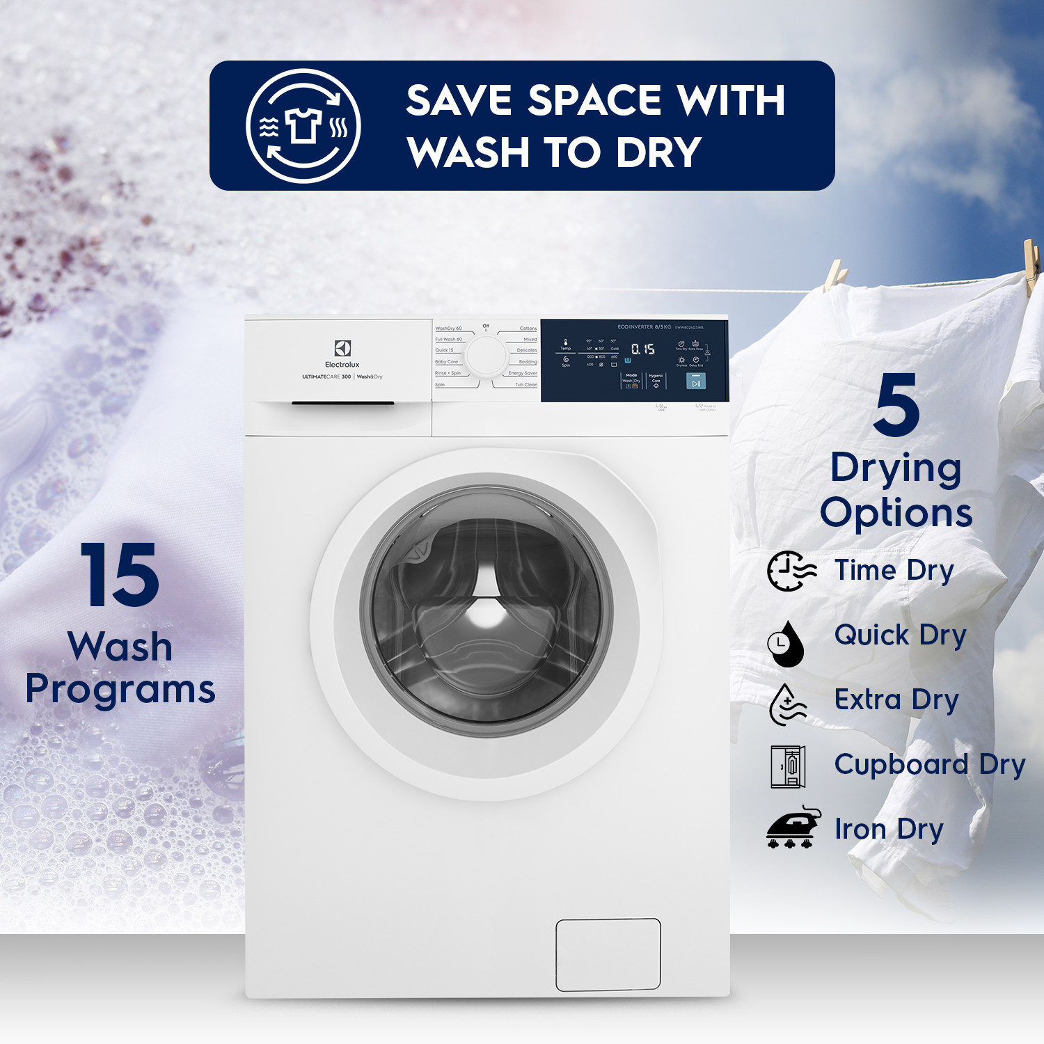 Image of Electrolux 8 /5 kg Washer with Dryer 5 Star EcoInverter, 40C Vapour Wash,UltimateCare 300 White