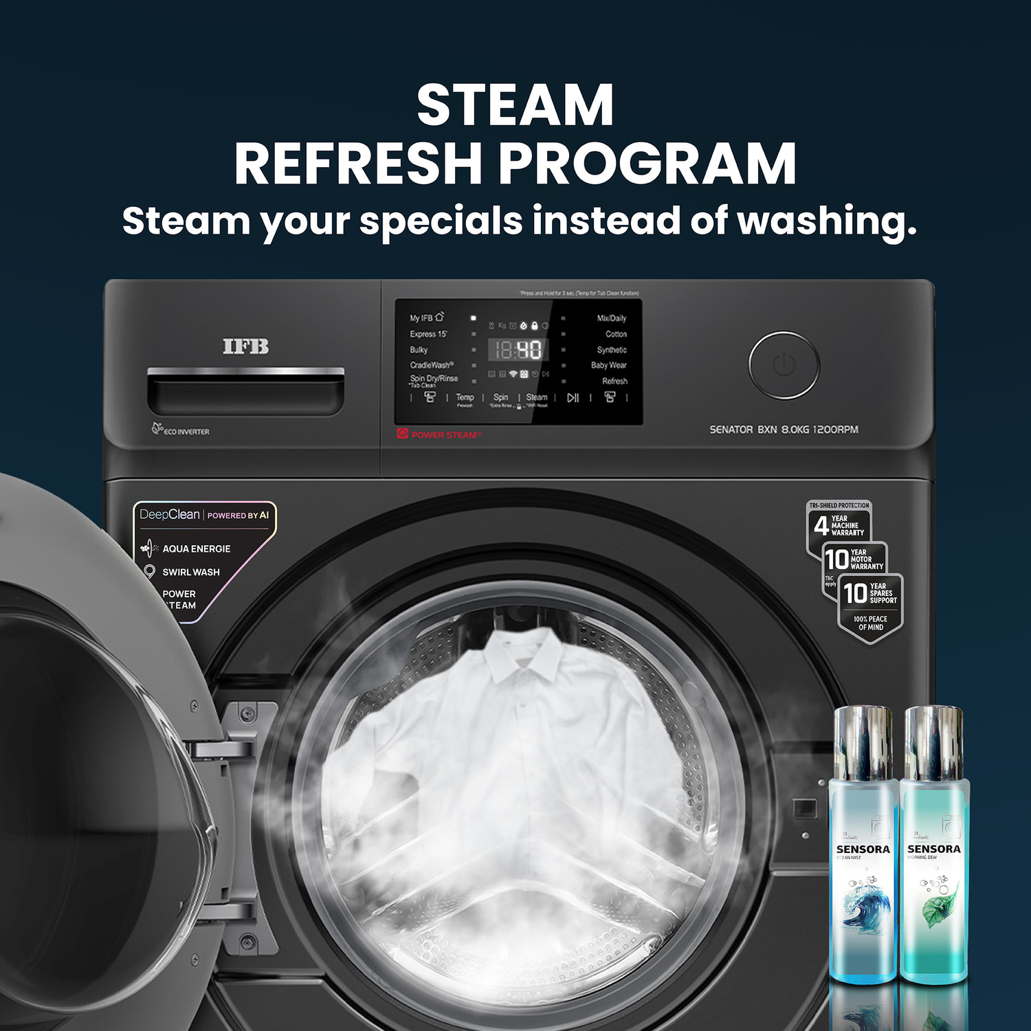 Image of IFB 8 kg 5 Star with Steam Refresh program, 9 Swirl Wash, Eco Inverter, Touch Panel with AI Fully Automatic Front Load Washing Machine with In-built Heater Black
