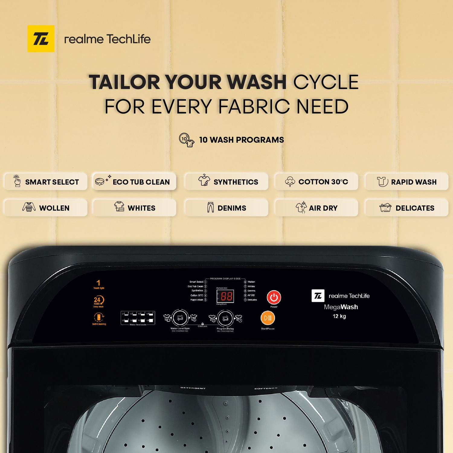 Image of realme TechLife 12 kg MegaWash Range Fully Automatic Top Load Washing Machine with In-built Heater Grey