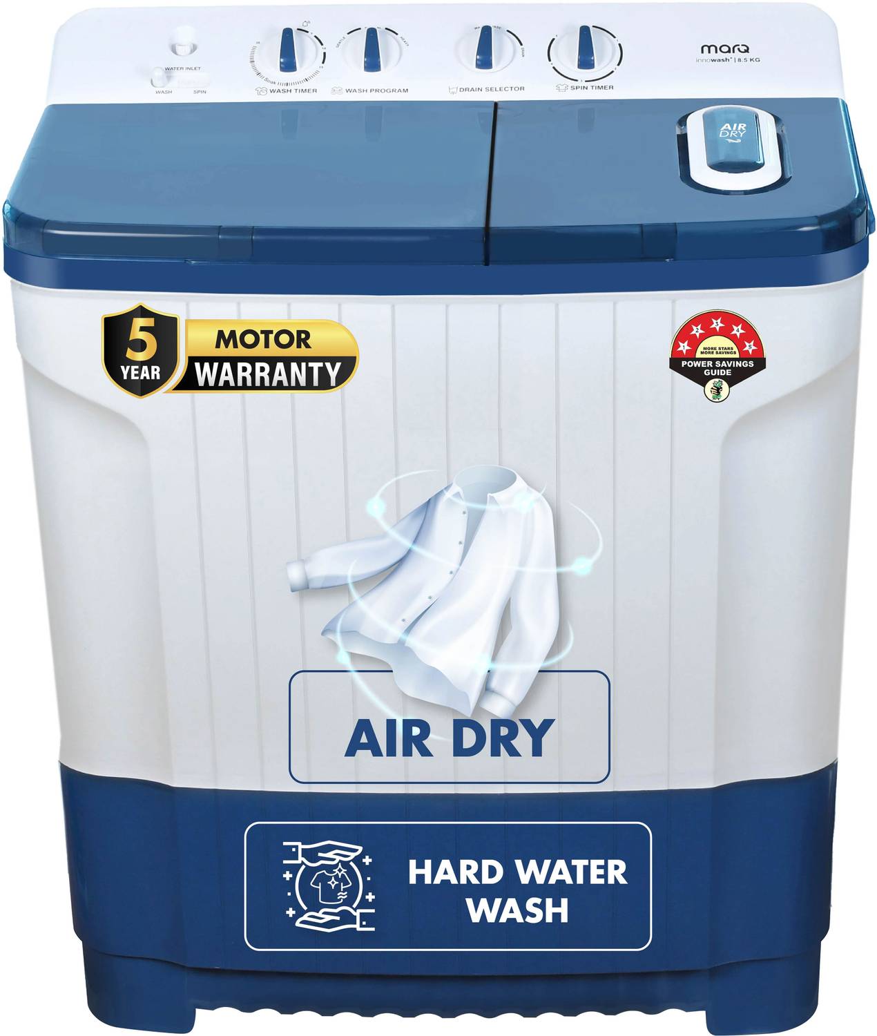 MarQ by Flipkart 8.5 kg 5 Star Rating Innowash Range Semi Automatic Top Load Washing Machine Blue, White