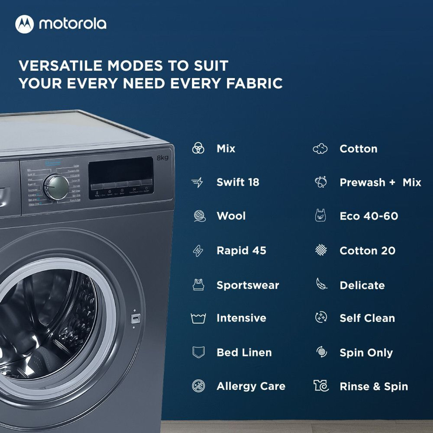 Image of MOTOROLA 8 kg Super Steam Technology Fully Automatic Front Load Washing Machine with In-built Heater Blue