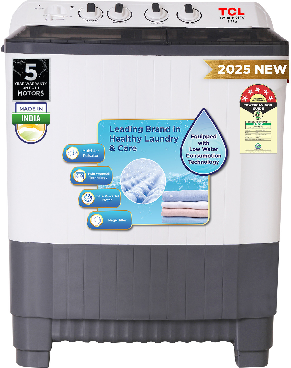Image of TCL 8.5 kg 5 Star with Extra Powerful Motor, Magic Filter and Fast Dry Semi Automatic Top Load Washing Machine Grey