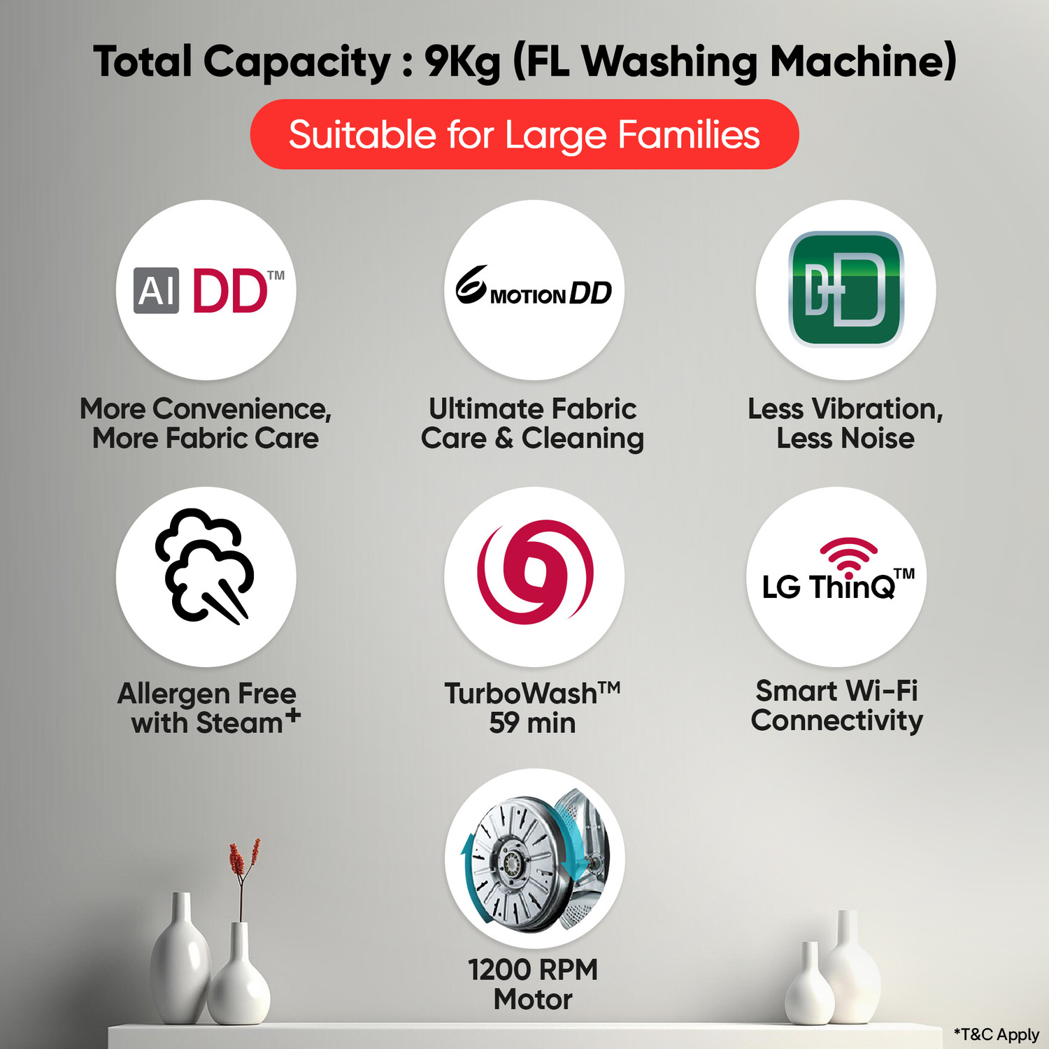 Image of LG 9 kg 5 Star, AI Direct Drive Technology, Wi-Fi Enabled, Steam+ With Wrinkle Care, Intelligent & Convenient Fabric Care, Allergy Care, In-Built Heater Fully Automatic Front Load Washing Machine with In-built Heater Grey