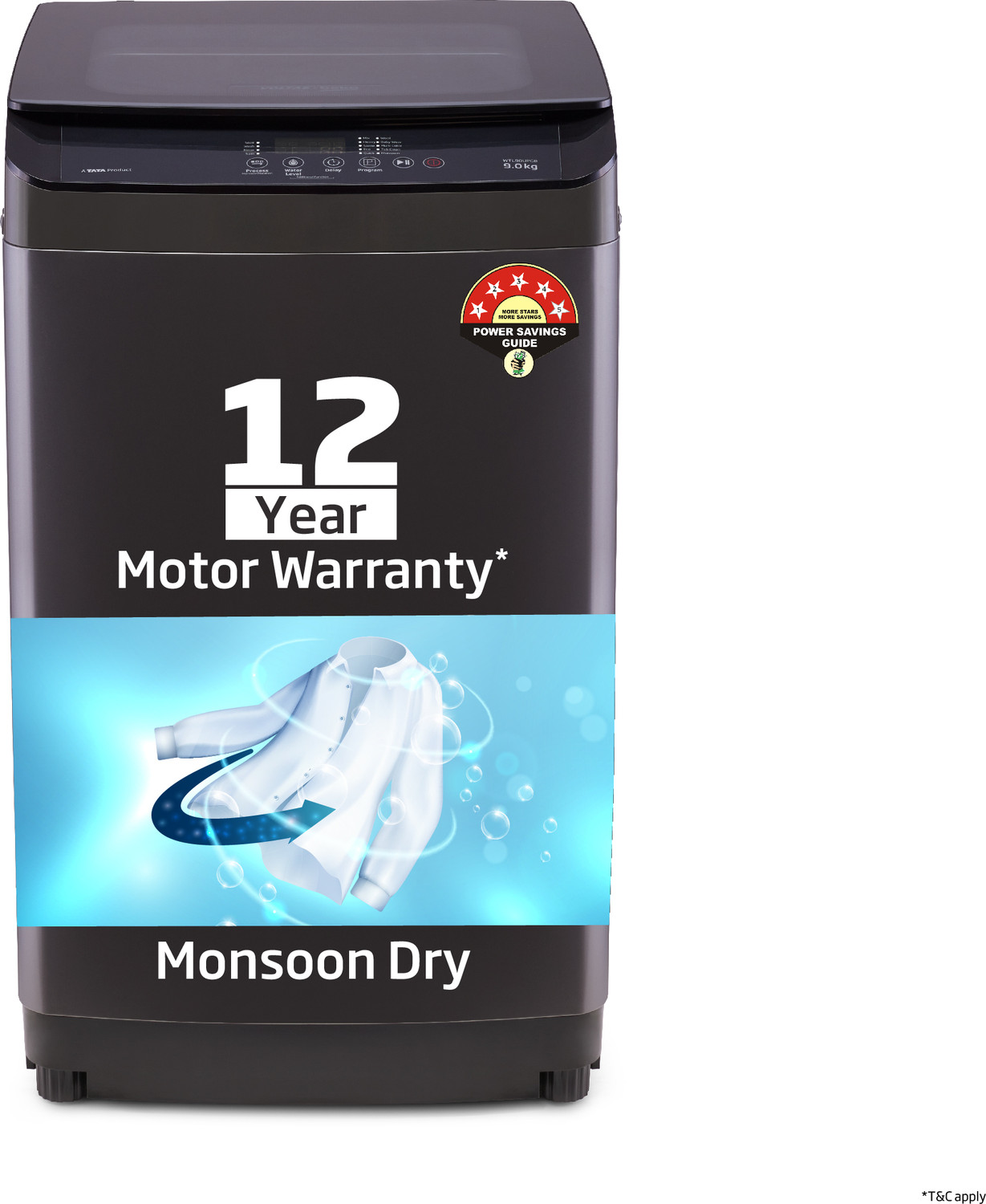 Image of Voltas Beko by A Tata Product 9 kg with Double waterfall, Multiple Wash Program, Waterproof IPX4 panel and Monsoon Dry option Fully Automatic Top Load Washing Machine Black, Grey