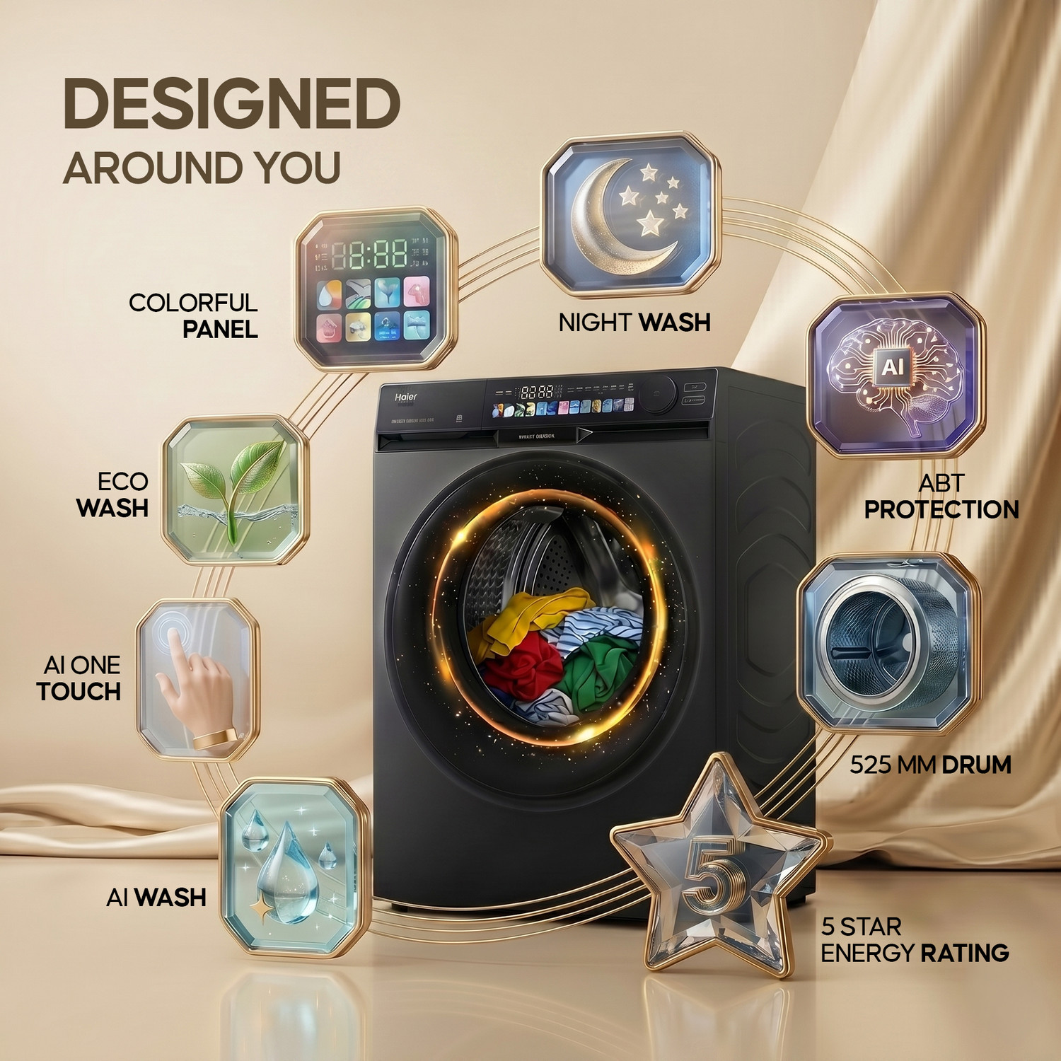 Image of Haier 12 kg 5 Star with AI Premium Color Panel, One-Touch Smart Wash, Fabric Detection, Stain Remover Pro, Inbuilt Heater, WiFi Enabled, Washer Fully Automatic Front Load Washing Machine with In-built Heater Black