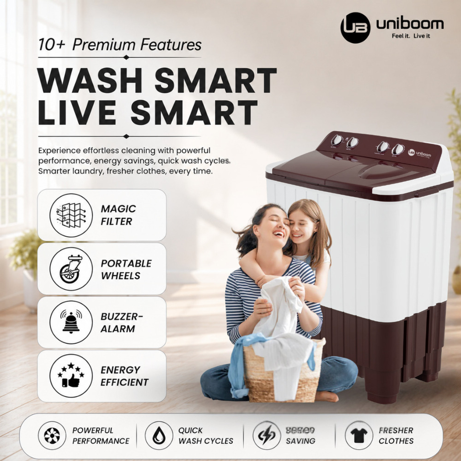 Image of Uniboom 7.5 kg Ultra Wash | Jet Dryer | Portable Wheels | Buzzer | Sleek Design | Magic Filter | Heavy Duty Motor Semi Automatic Top Load Washing Machine Maroon, White