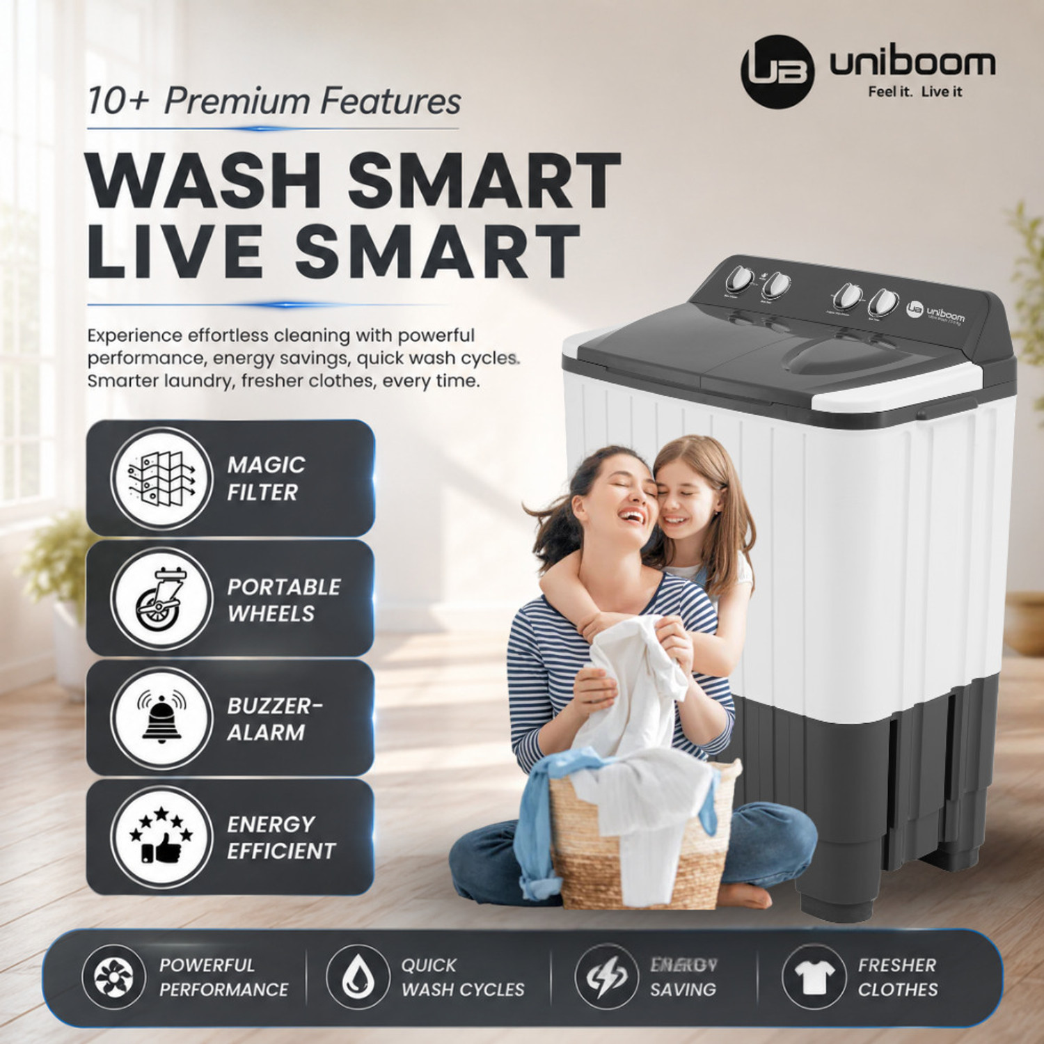 Image of Uniboom 7 kg Ultra Wash | Jet Dryer | Portable Wheels | Buzzer | Sleek Design | Magic Filter | Heavy Duty Motor Semi Automatic Top Load Washing Machine Grey, White