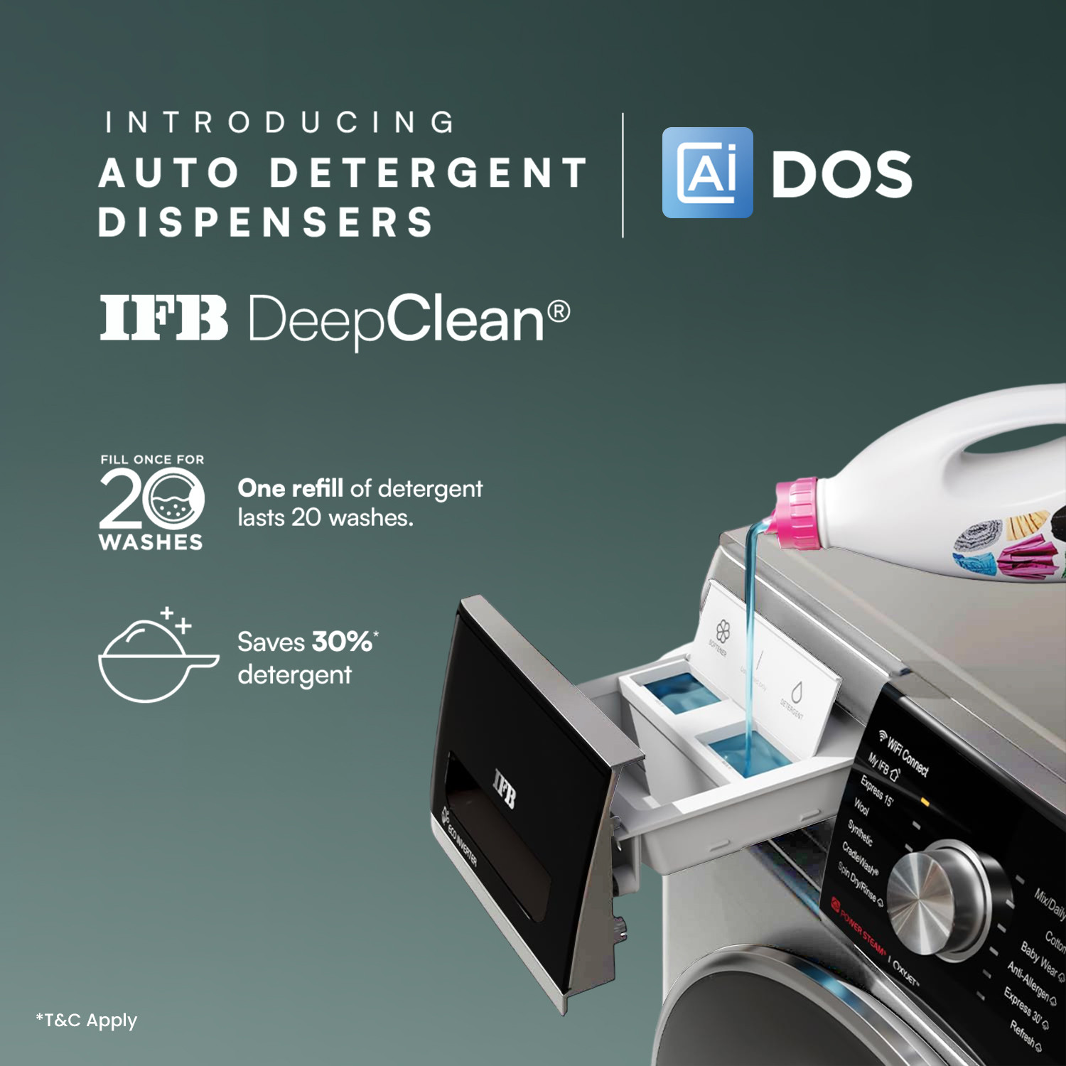 Image of IFB 11 kg 5 Star with AI DOS - Auto Detergent Dispensing, Oxyjet Technology, 30 min Steam Refresh Program, 9 Swirl Wash Mimic Handwashing, Eco Inverter, Touch Panel with WiFi Fully Automatic Front Load Washing Machine with In-built Heater Silver