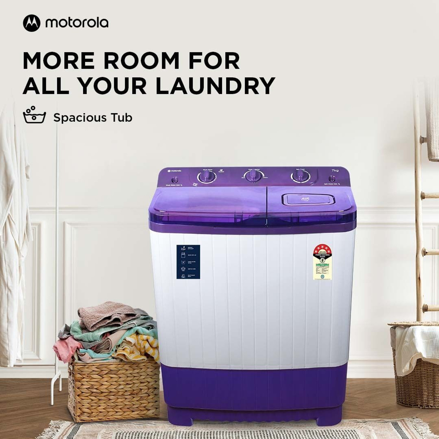 Image of MOTOROLA 7 kg Semi Automatic Top Load Washing Machine White, Purple