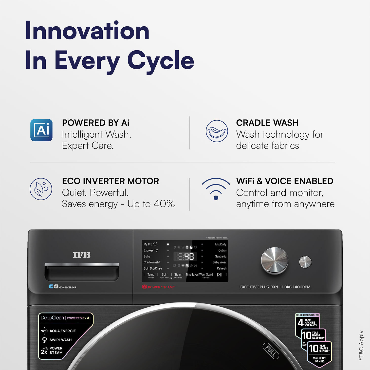 Image of IFB 11 kg with 9 Swirl Wash, 2x Power Steam, Steam Refresh Program, Eco Inverter Motor, WiFi Enabled, DeepClean Powered by Ai Fully Automatic Front Load Washing Machine with In-built Heater Black