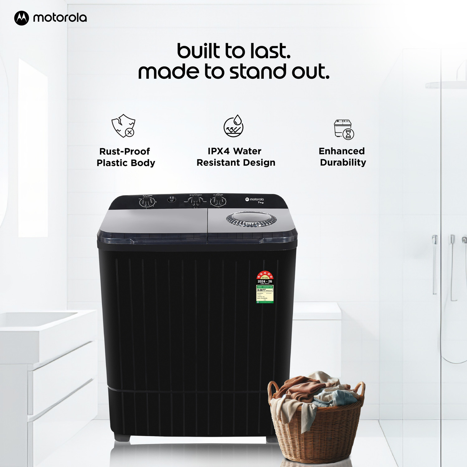Image of MOTOROLA 7 kg Semi Automatic Top Load Washing Machine Black