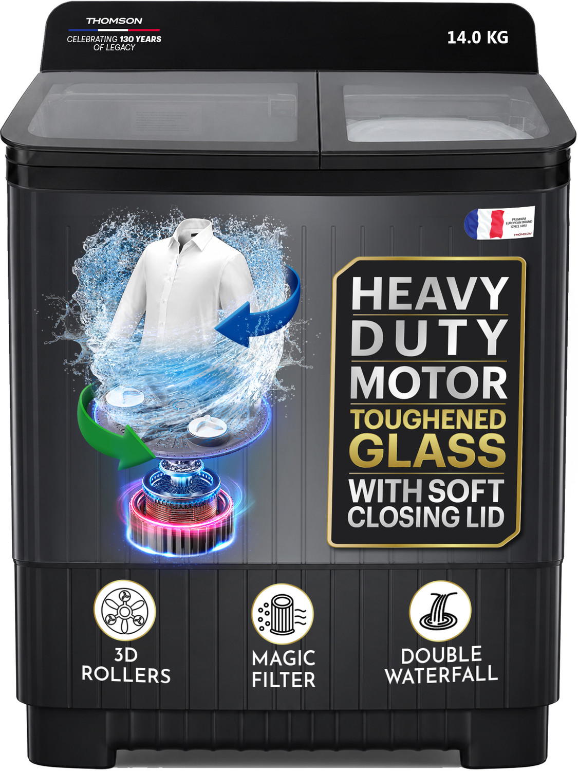 Image of Thomson 14 kg 5 Star Aqua MagicToughened Glass with soft closure, Heavy Duty Motor, Magic Filter, Advance Soak Technology, Double Waterfall, Quad Flow Pulsator Technology, Aqua Balancer Technology, Semi Automatic Top Load Washing Machine Black