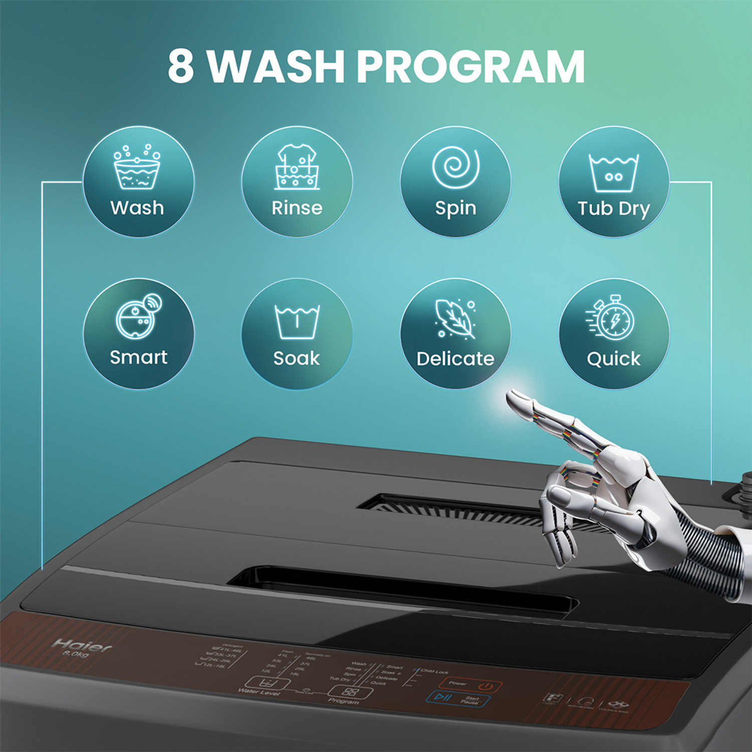 Image of Haier 8 kg With Ultra Fresh Air Technology, Oceanus Wave Steel Drum, Balance Clean Pulsator, Custom Wash Cycles with 15 Mins Quick Wash, Magic Filter Fully Automatic Top Load Washing Machine Grey, Black