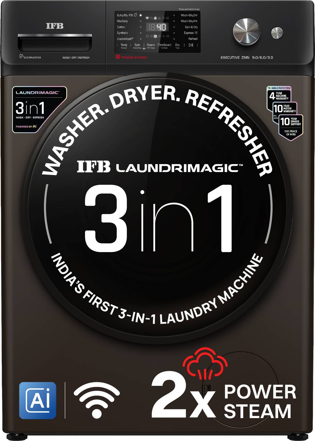 IFB 9/6 kg Washer with Dryer AI Powered, 30 min Steam Refresh Program, 100% Dry Ready-to-Wear Clothes, Eco Inverter Motor, 9 Swirl Wash Mimic Handwashing, Fully Automatic with Hot Water Wash, WiFi Connectivity with In-built Heater Brown