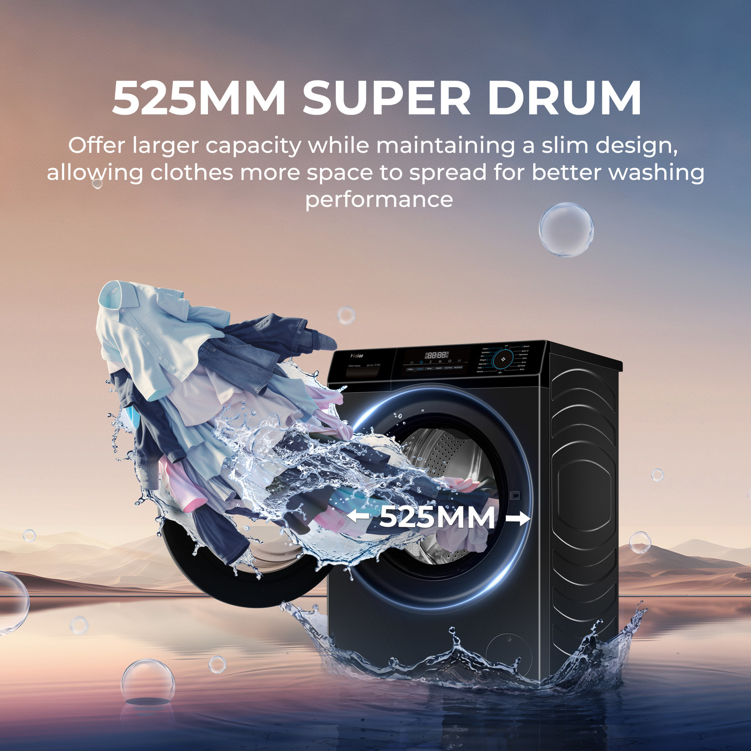 Image of Haier 9 kg 5 Star, AI Smart LIFE+, Vibrant Touch Panel, Fabric Care with Stain Pro Technology, Hygienic Care, ABT, 525 mm Super Drum, Refresh, Direct Motion Motor, WiFi enabled Fully Automatic Front Load Washing Machine with In-built Heater Black