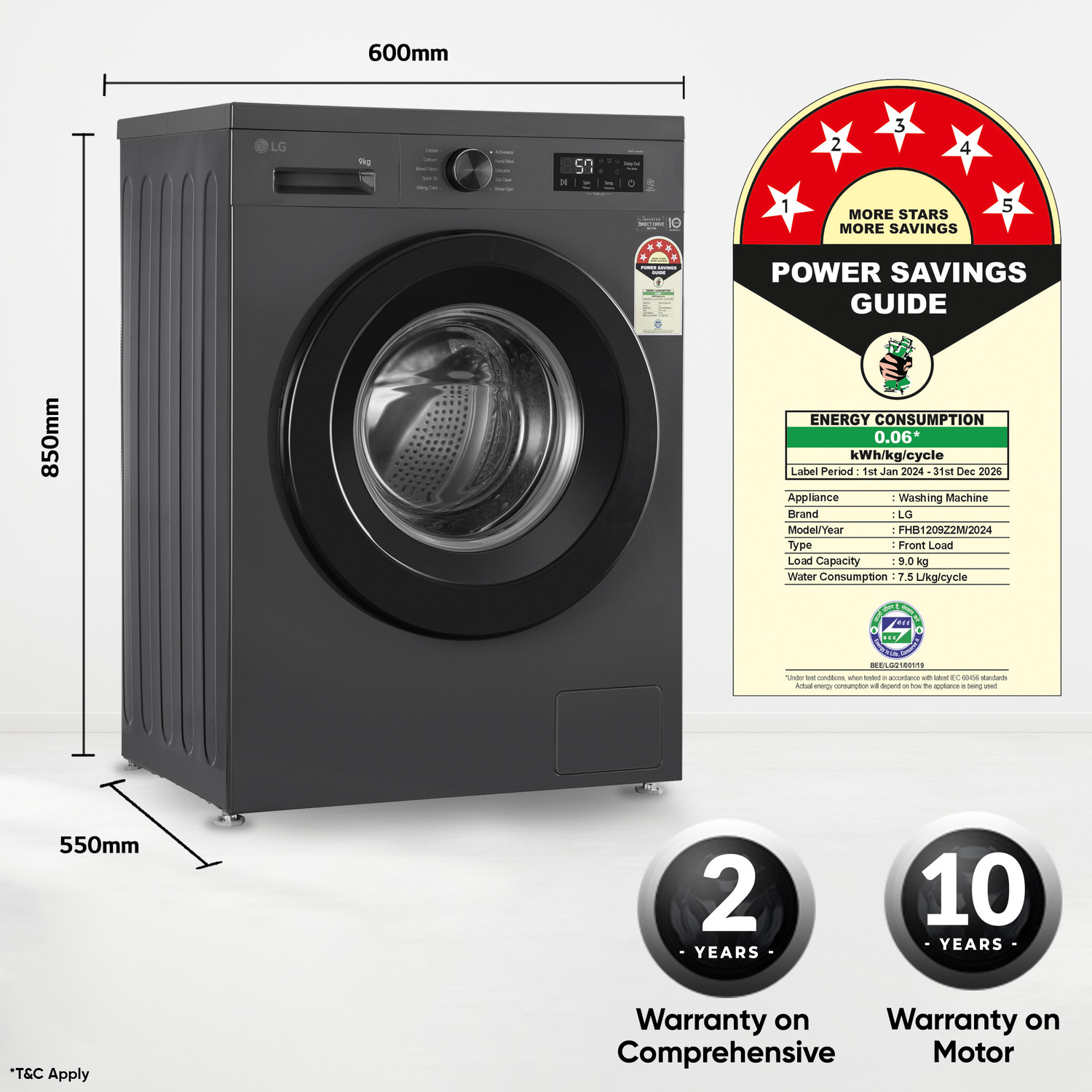 Image of LG 9 kg 5 Star, Inverter Direct Drive Technology, 6 Motion DD, Reduce germs & allergens with steam cycles, In-built Heater, Touch Panel Fully Automatic Front Load Washing Machine with In-built Heater Black, Grey