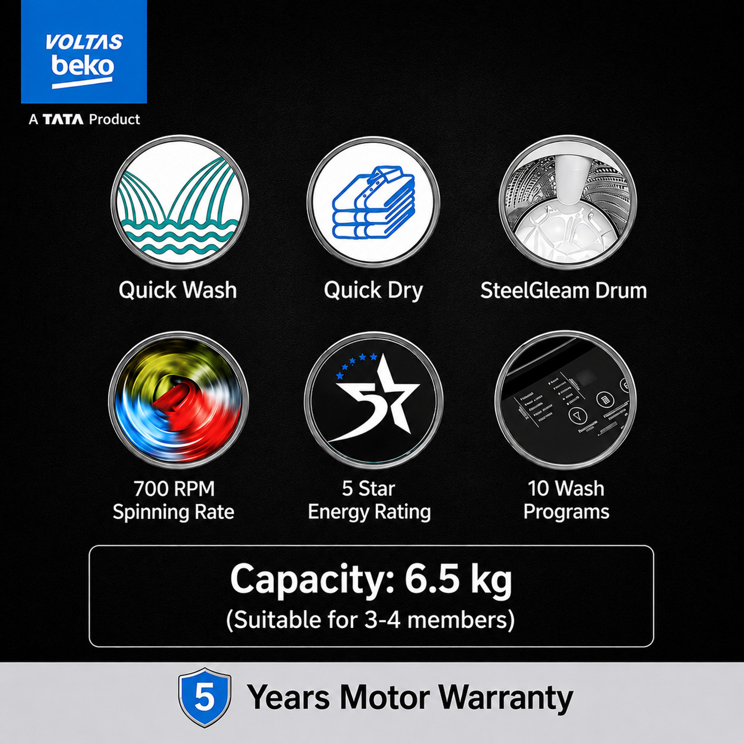 Image of Voltas Beko 6.5 kg Fully Automatic Top Load Washing Machine Black