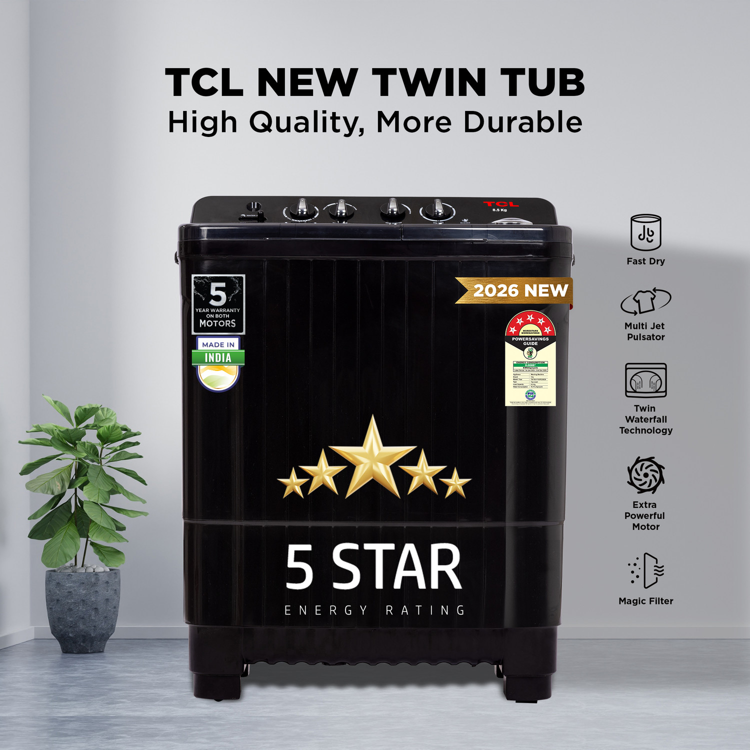 Image of TCL 8.5 kg 5 Star with Extra Powerful Motor, Magic & Lint Filter, Multi Jet Pulsator and Fast Dry Semi Automatic Top Load Washing Machine Black