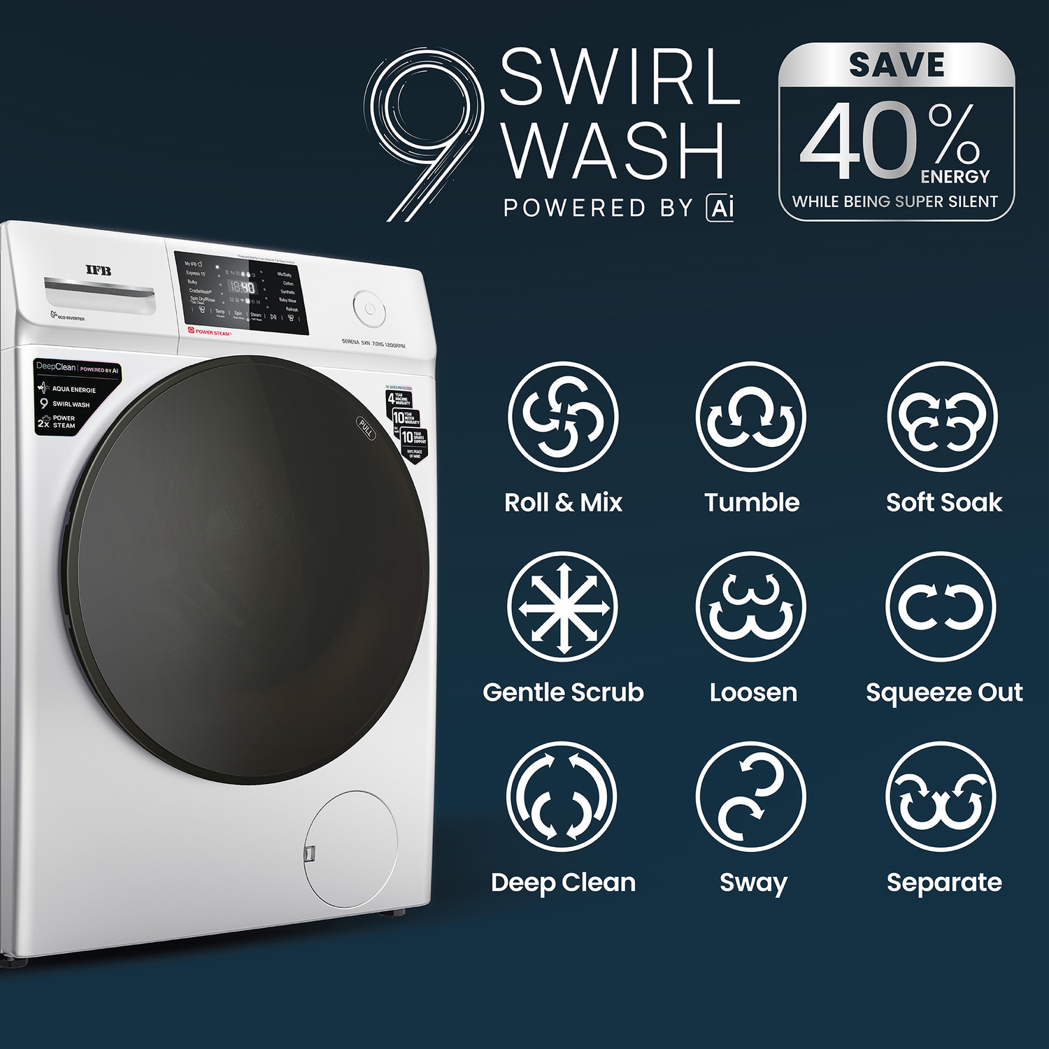 Image of IFB 7 kg 5 Star with Steam Refresh program, 9 Swirl Wash, Eco Inverter, Powered by AI with Wifi Fully Automatic Front Load Washing Machine with In-built Heater Silver