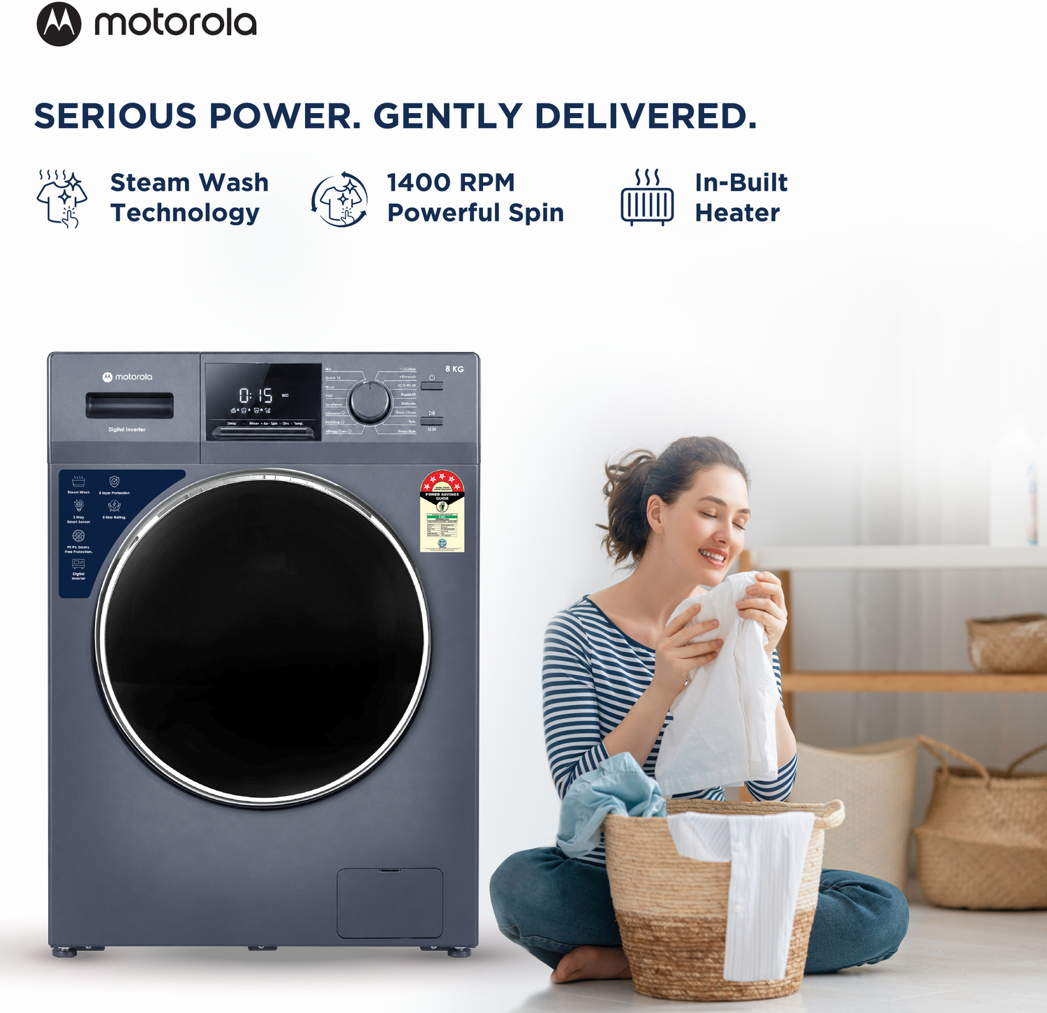 Image of MOTOROLA 8 kg Fully Automatic Front Load Washing Machine with In-built Heater Blue