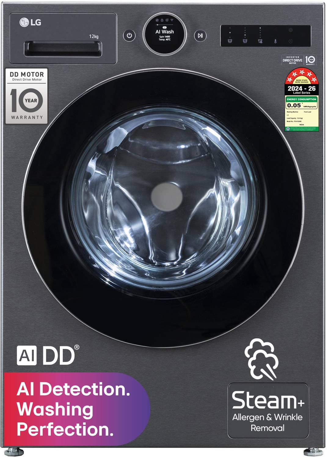 LG 12 kg Front Load Washing Machine with In-built Heater, Black