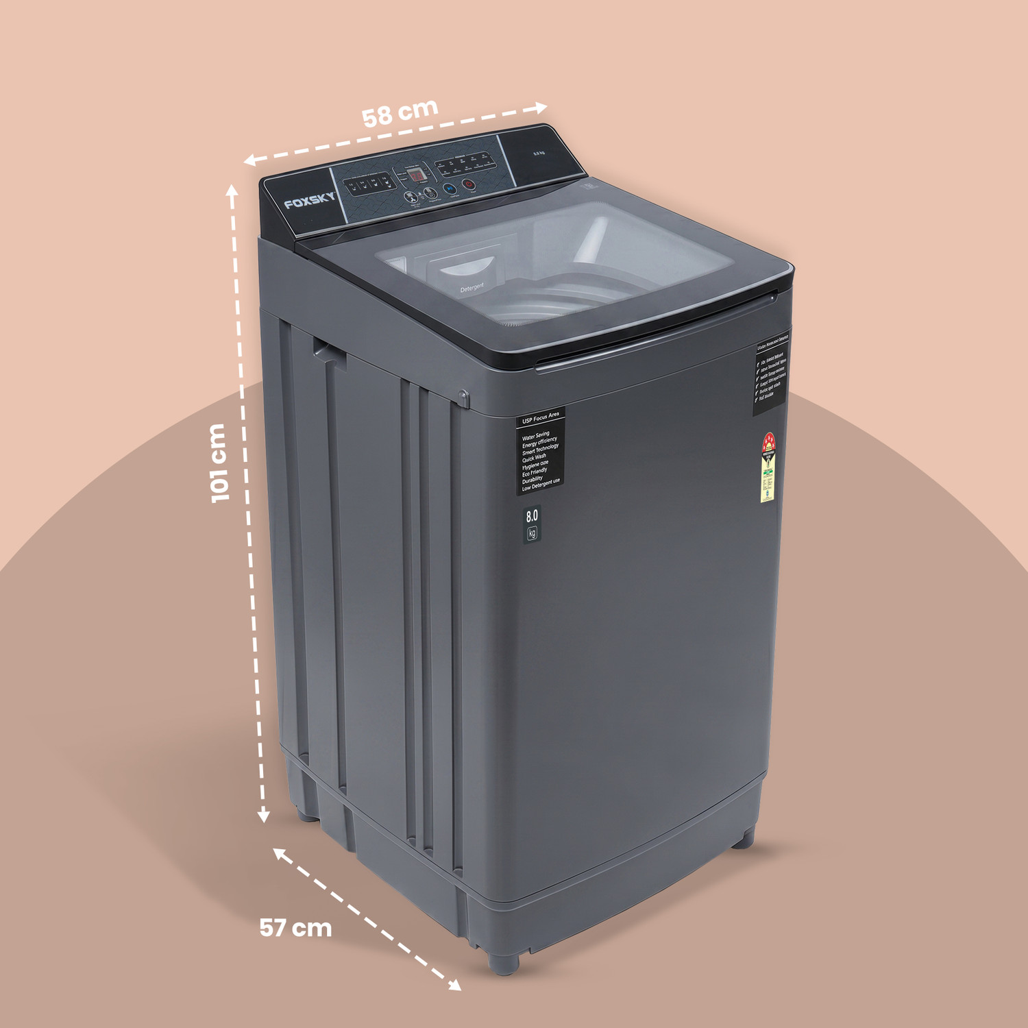 Image of FOXSKY 8 kg Fully Automatic Top Load Washing Machine Grey