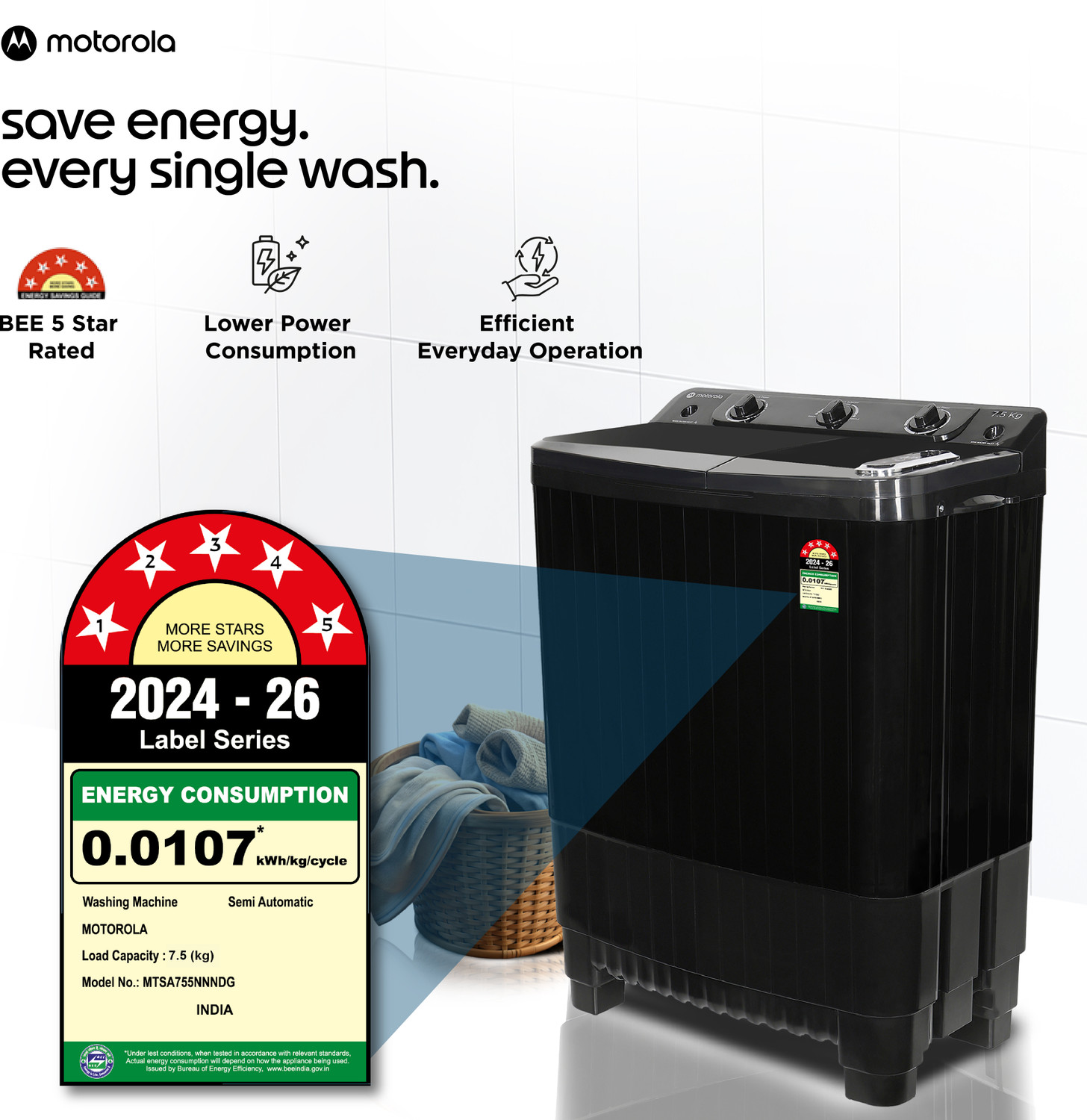 Image of MOTOROLA 7.5 kg Semi Automatic Top Load Washing Machine Black