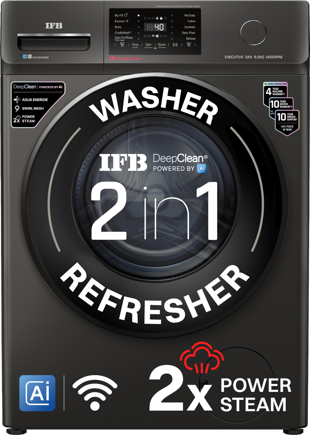 Image of IFB 9 kg with 9 Swirl Wash, 2x Power Steam, 30 Min Steam Refresh Program, Eco Inverter Motor, WiFi Enabled, DeepClean Powered by Ai Fully Automatic Front Load Washing Machine with In-built Heater Black