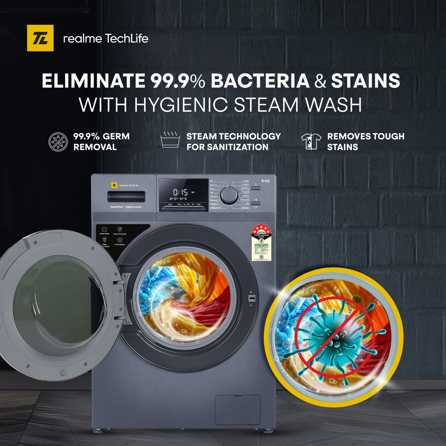 Image of realme TechLife 8 kg Fully Automatic Front Load Washing Machine with In-built Heater Blue