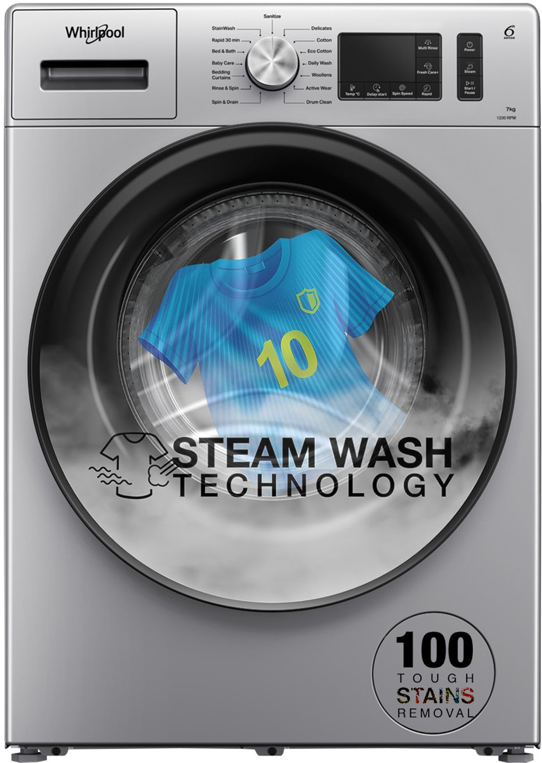 Image of Whirlpool 7 kg 5 Star Inverter 100+ Tough Stains, Steam Technology Fully Automatic Front Load Washing Machine with In-built Heater Silver