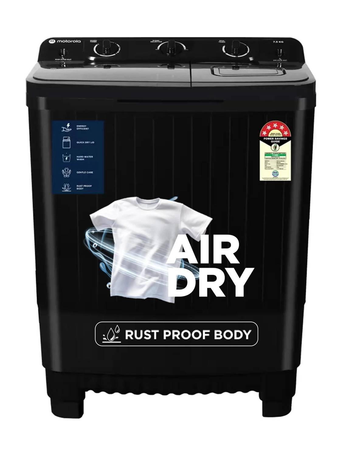 MOTOROLA 7.5 kg 5 star rating Midnight Series Semi Automatic Top Load Washing Machine Black