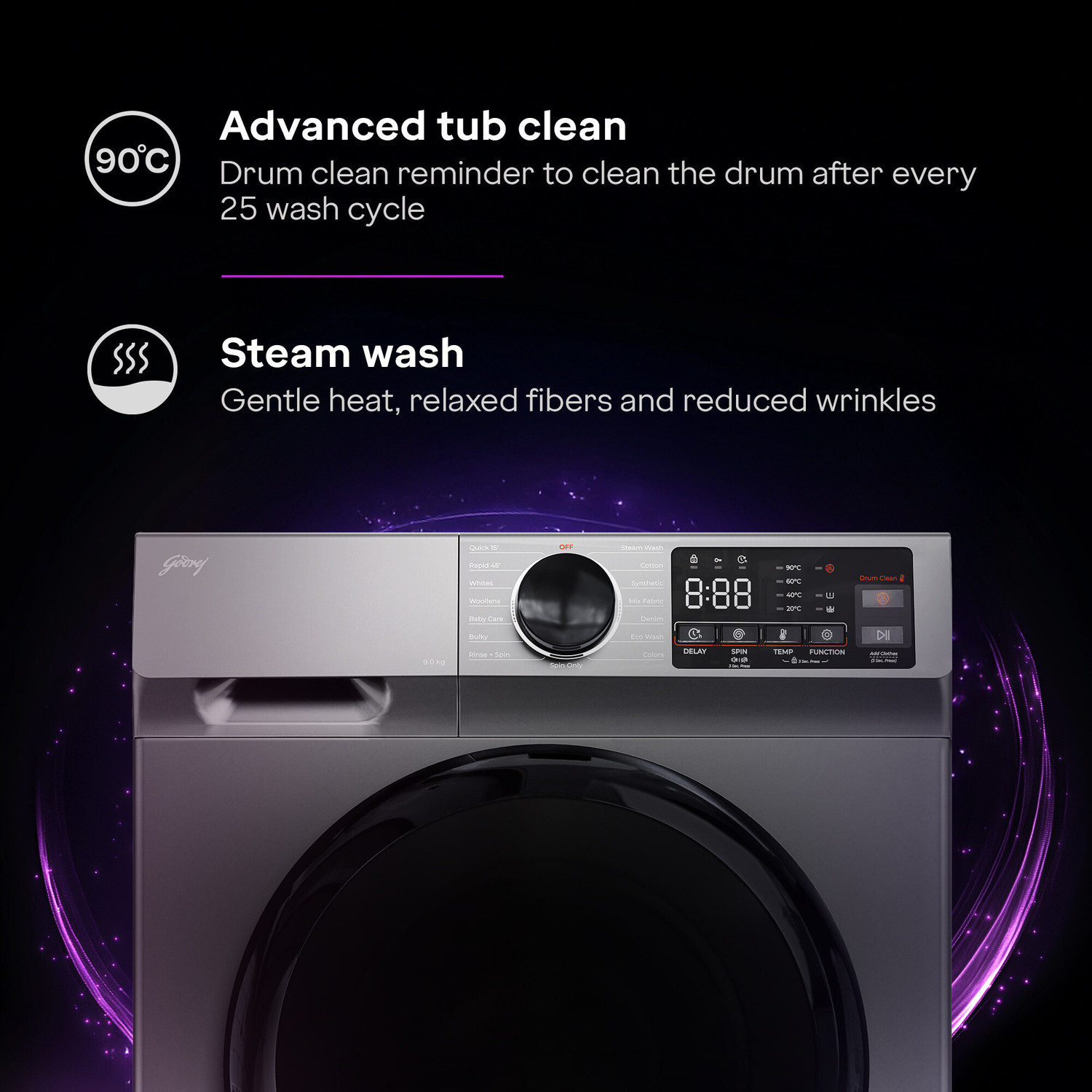 Image of Godrej 9 kg 5 Star, AI Tech, Steam Wash Fully Automatic Front Load Washing Machine with In-built Heater Grey