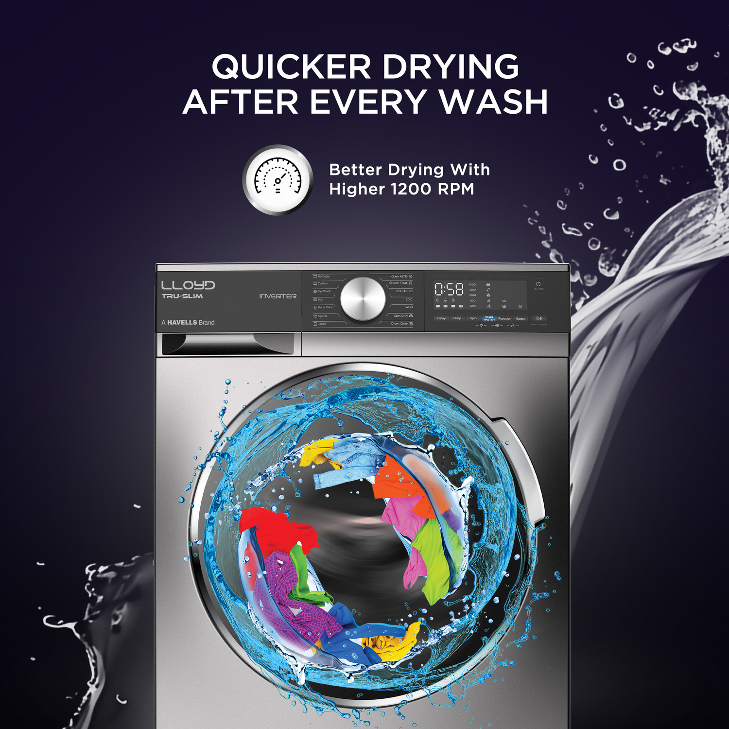 Image of Lloyd 7 kg Fully Automatic Front Load Washing Machine with In-built Heater Black