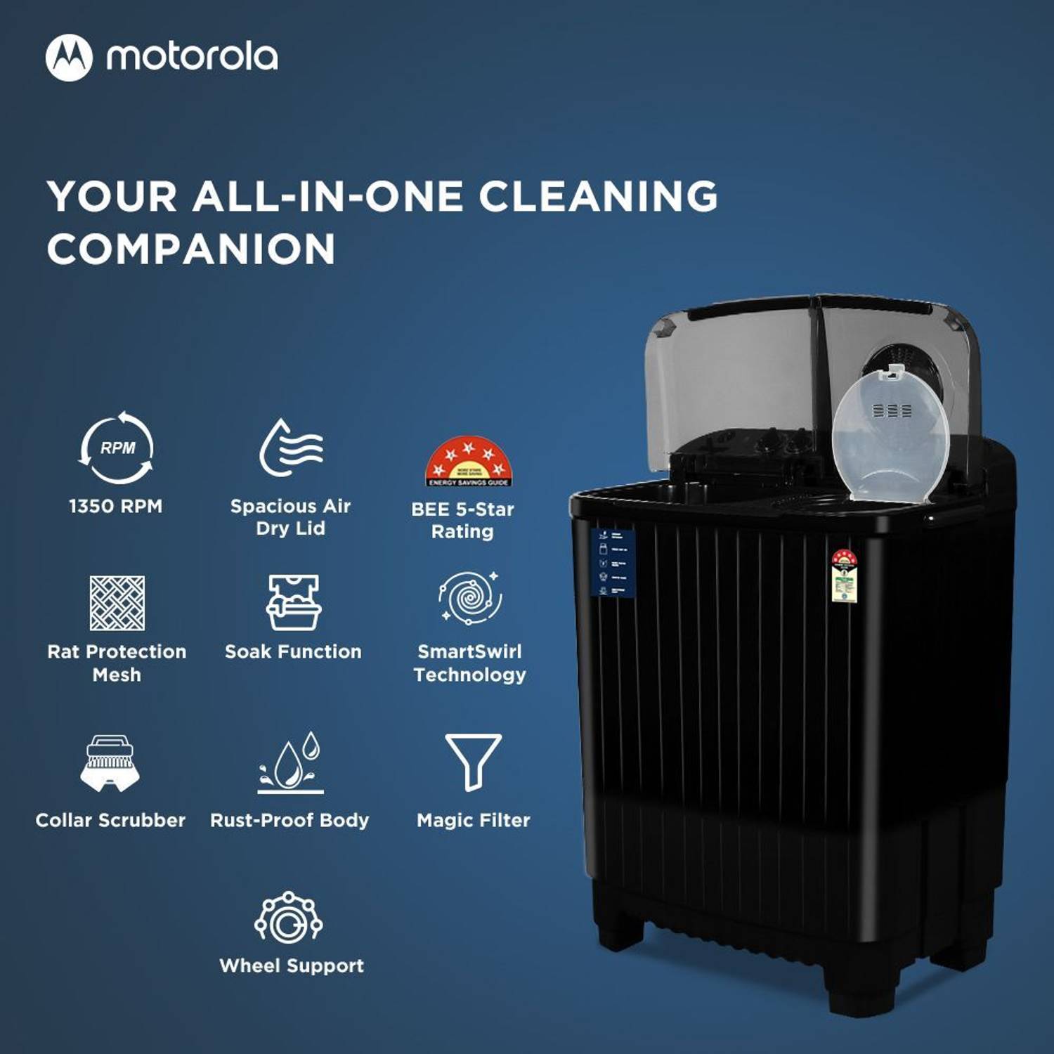 Motorola 10 kg Midnight Series Semi Auto Top Load Blue - Image 3