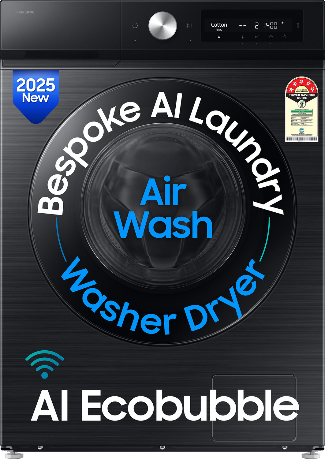Image of Samsung 12 /7 kg Washer with Dryer 5 Star, AI EcoBubble, AI Control, AI Energy Mode, Air Wash, Super Speed, Hygiene Steam, Wi-Fi, Digital Inverter with In-built Heater Black