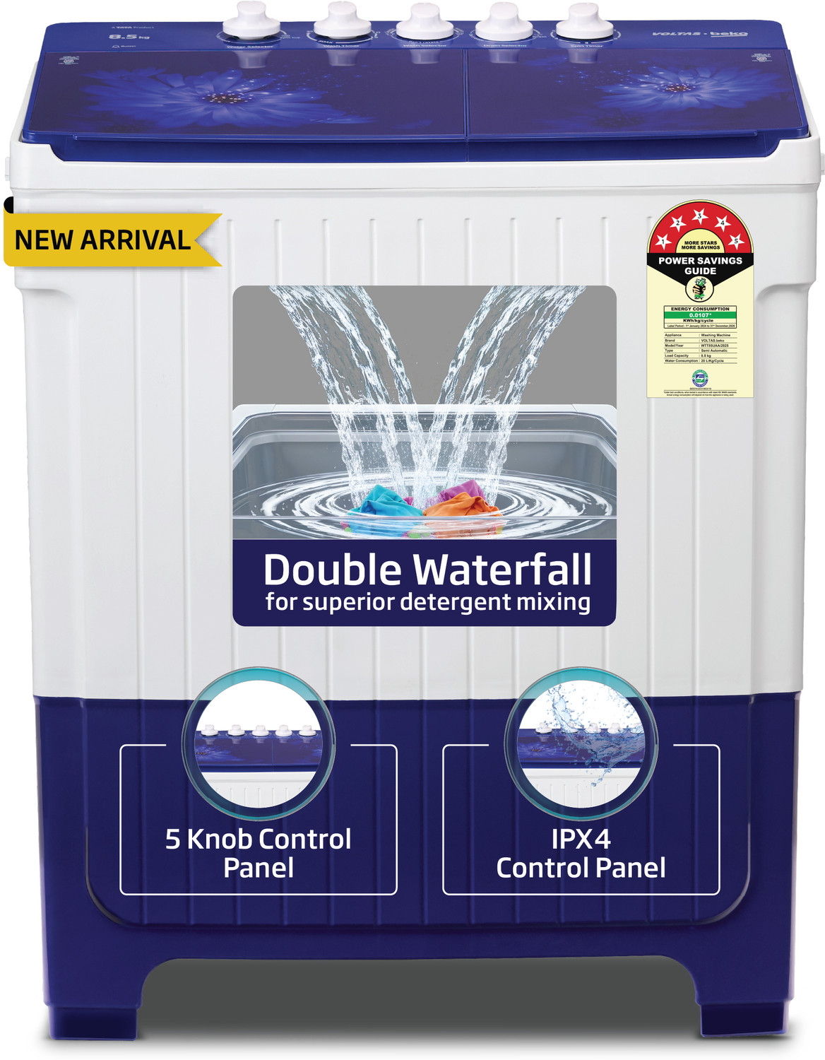 Image of Voltas Beko by A Tata Product 9.5 kg 5 Star Semi Automatic Top Load Washing Machine Blue