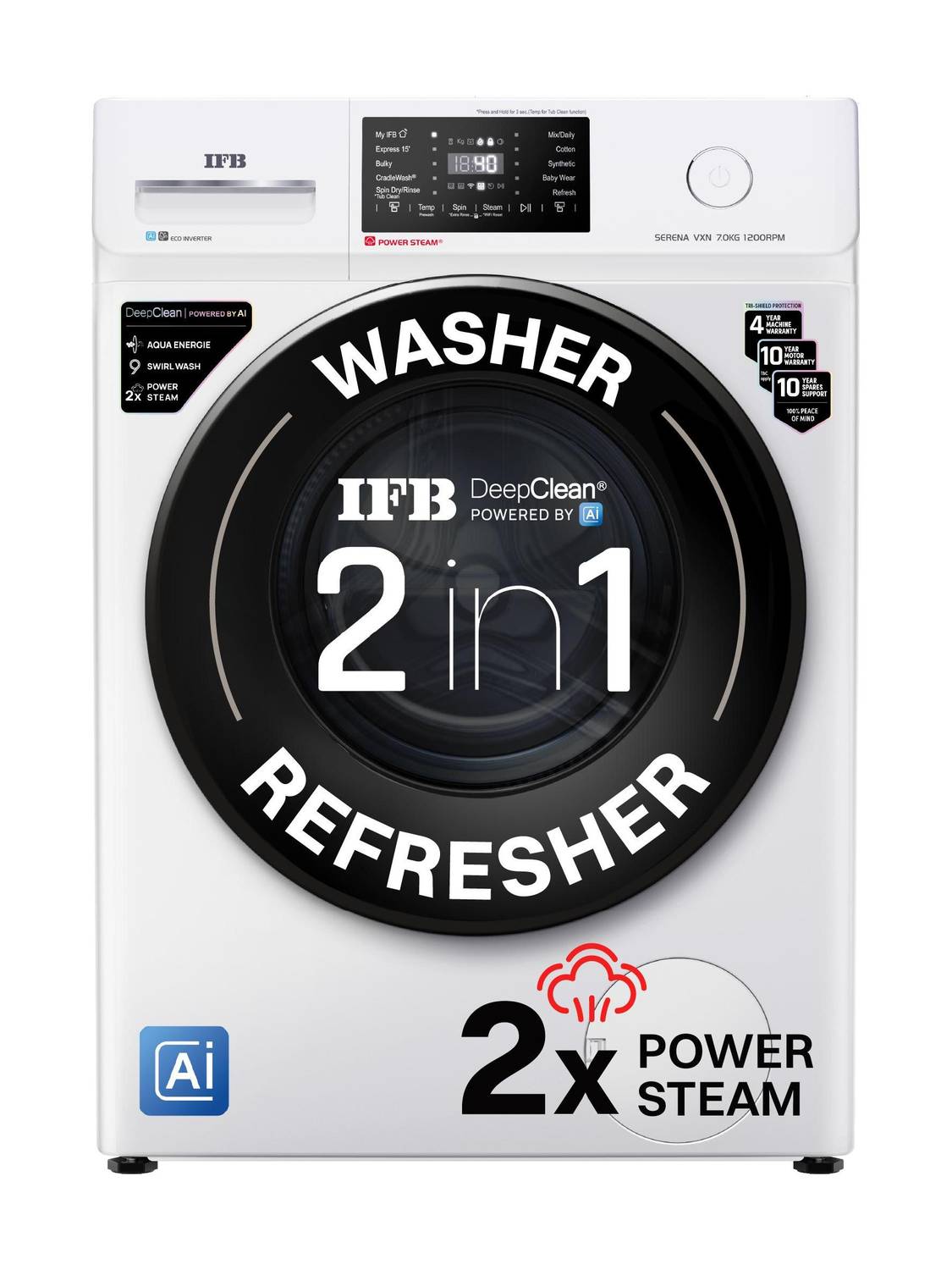 IFB 7 kg with 9 Swirl Wash, 2x Power Steam, 30 Min Steam Refresh Program, Eco Inverter Motor, WiFi Enabled, DeepClean Powered by Ai Fully Automatic Front Load with In-built Heater White (SERENA VXN 7012 CMS) — image 1 of 5