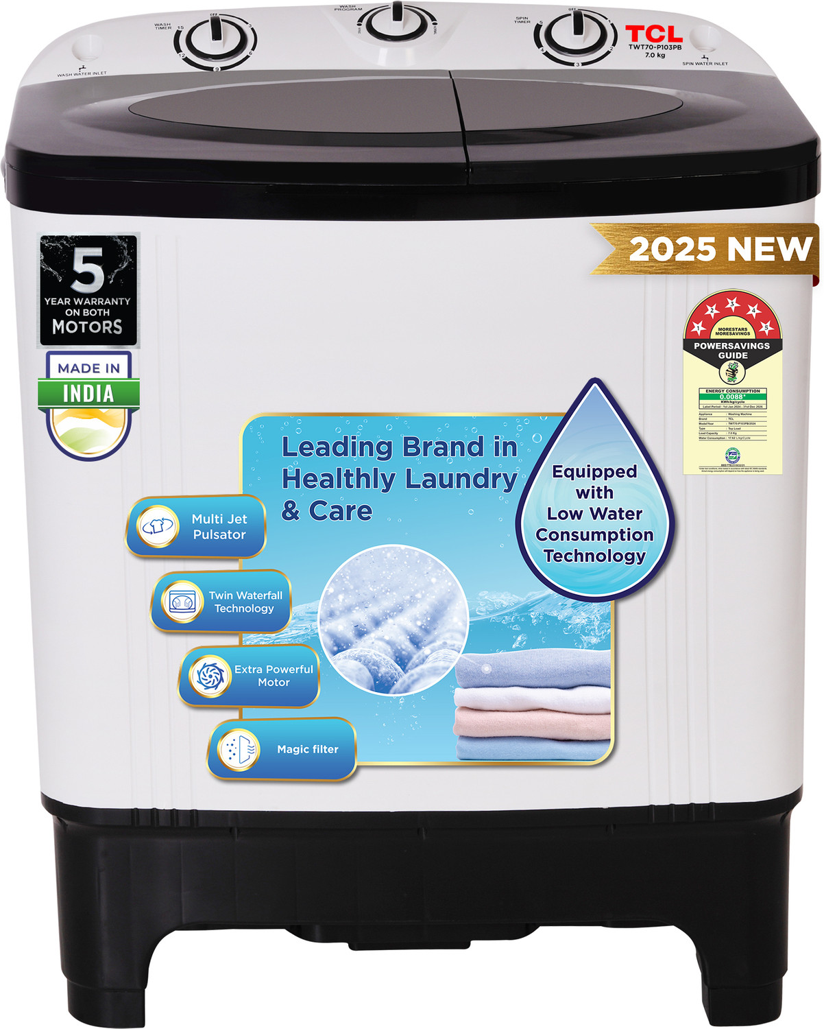 Image of TCL 7 kg Semi Automatic Top Load Washing Machine Black
