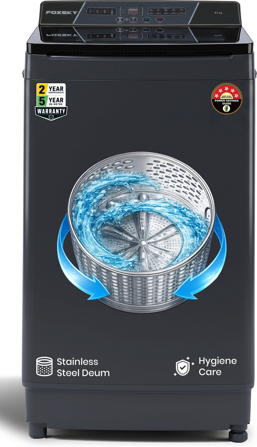 Image of FOXSKY 9 kg Fully Automatic Top Load Washing Machine Grey