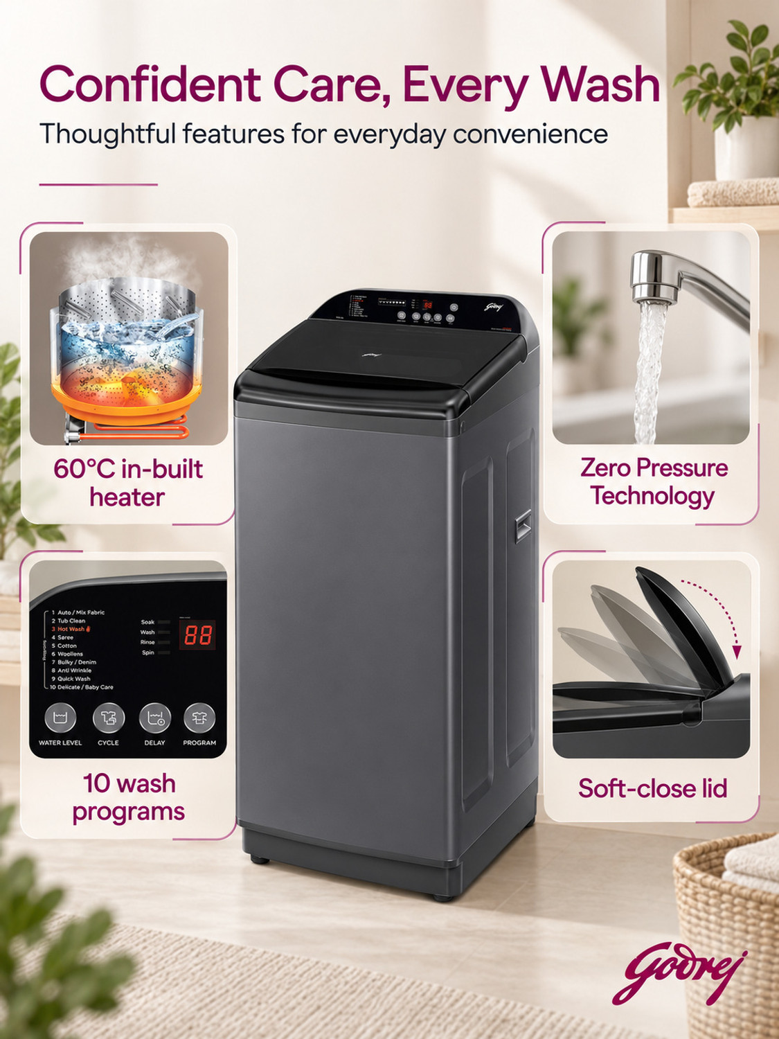 Image of Godrej 9.5 kg Fully Automatic Top Load Washing Machine with In-built Heater Grey