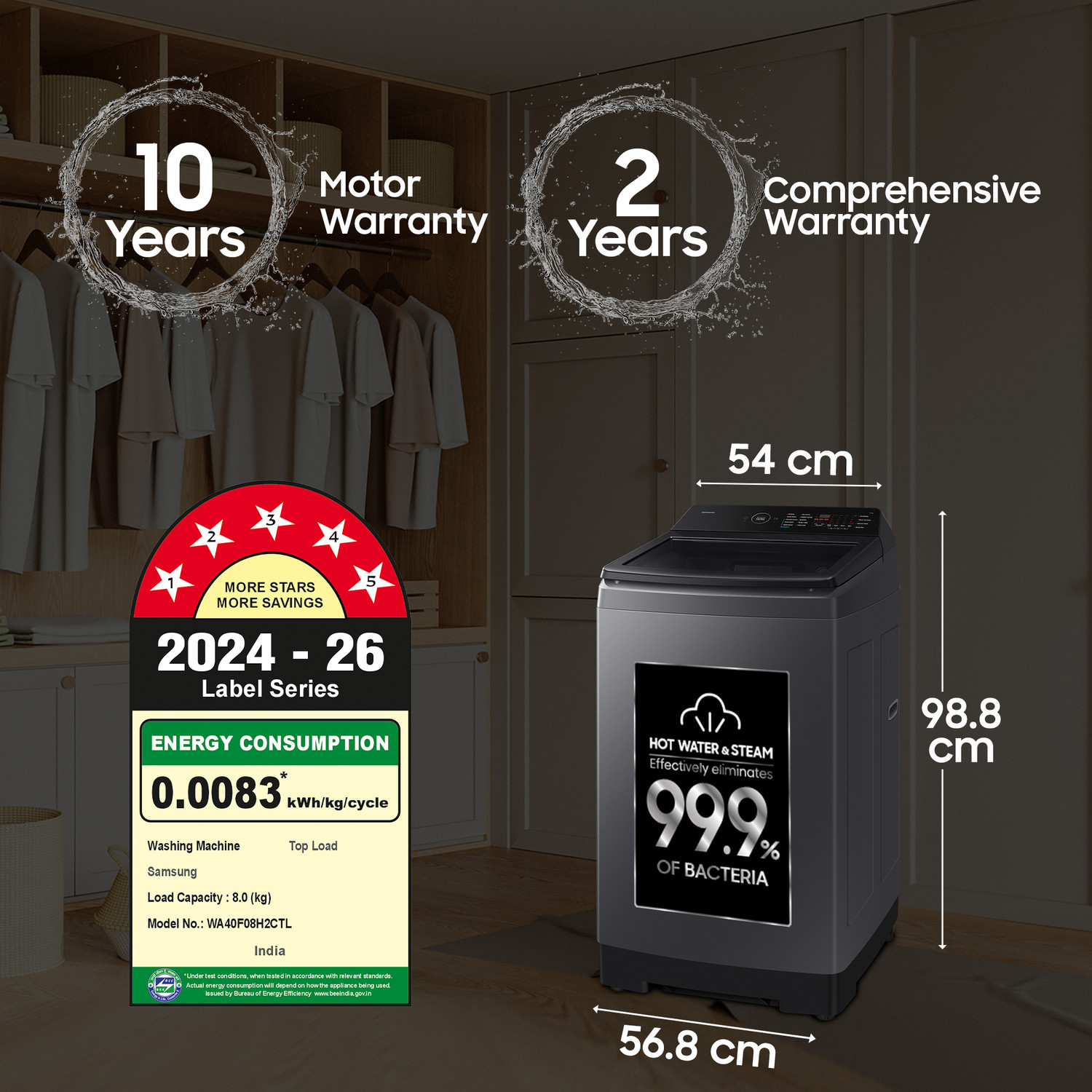 Image of Samsung 8 kg 5 Star, Hygiene Steam, Ecobubble, Quick Wash, Soft Closing Door, Digital Inverter,Stainwash, Deep Charcoal Fully Automatic Top Load Washing Machine with In-built Heater Black