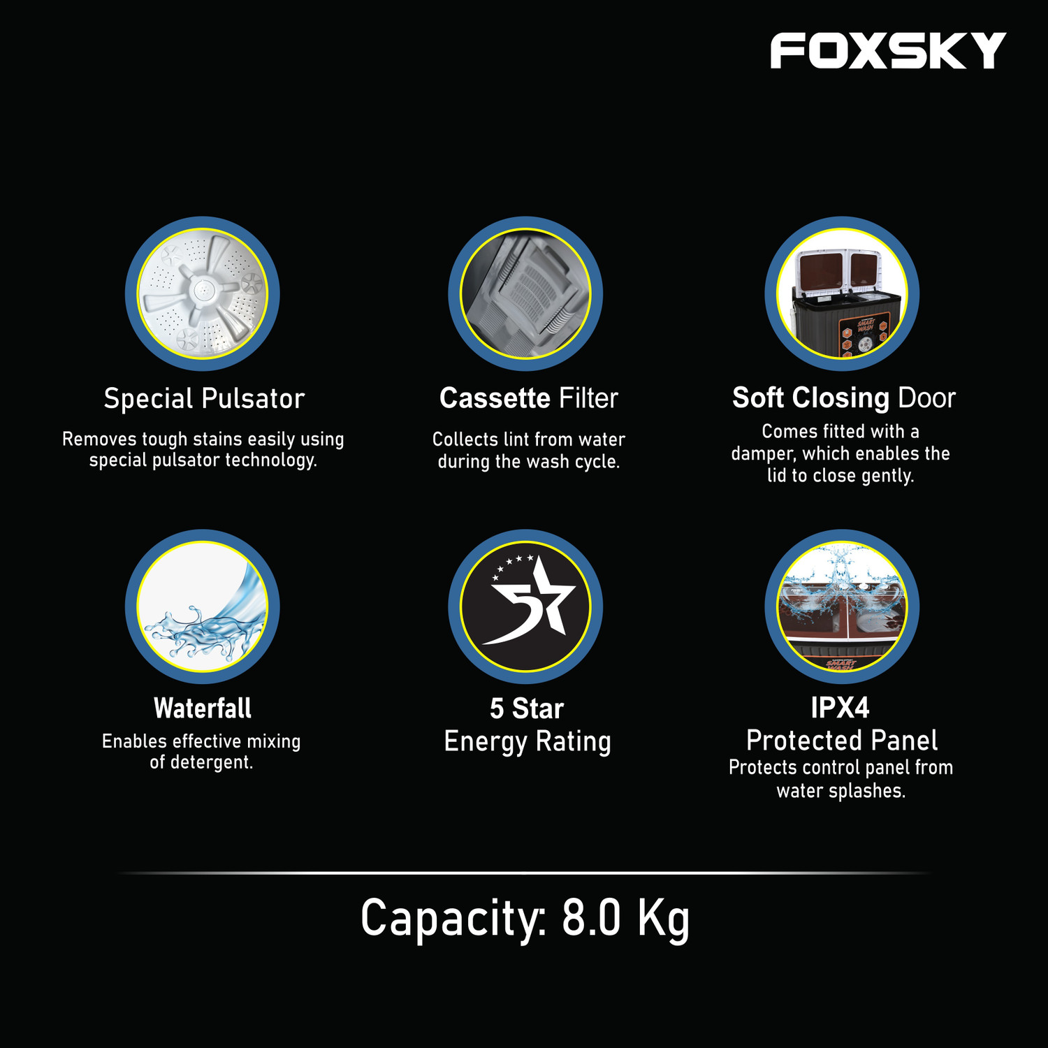 Image of FOXSKY 8 kg Semi Automatic Top Load Washing Machine Grey