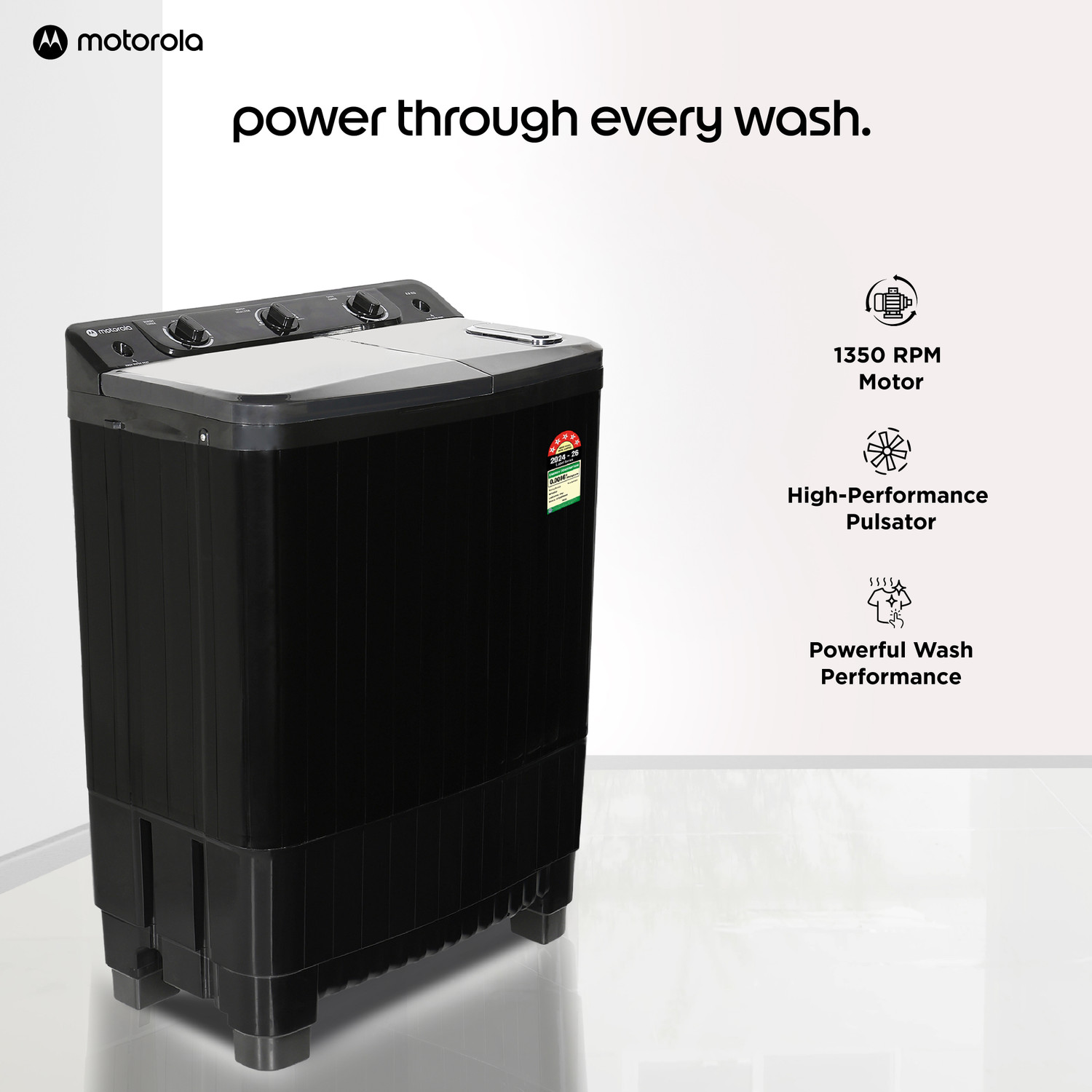 Image of MOTOROLA 8 kg Semi Automatic Top Load Washing Machine Black
