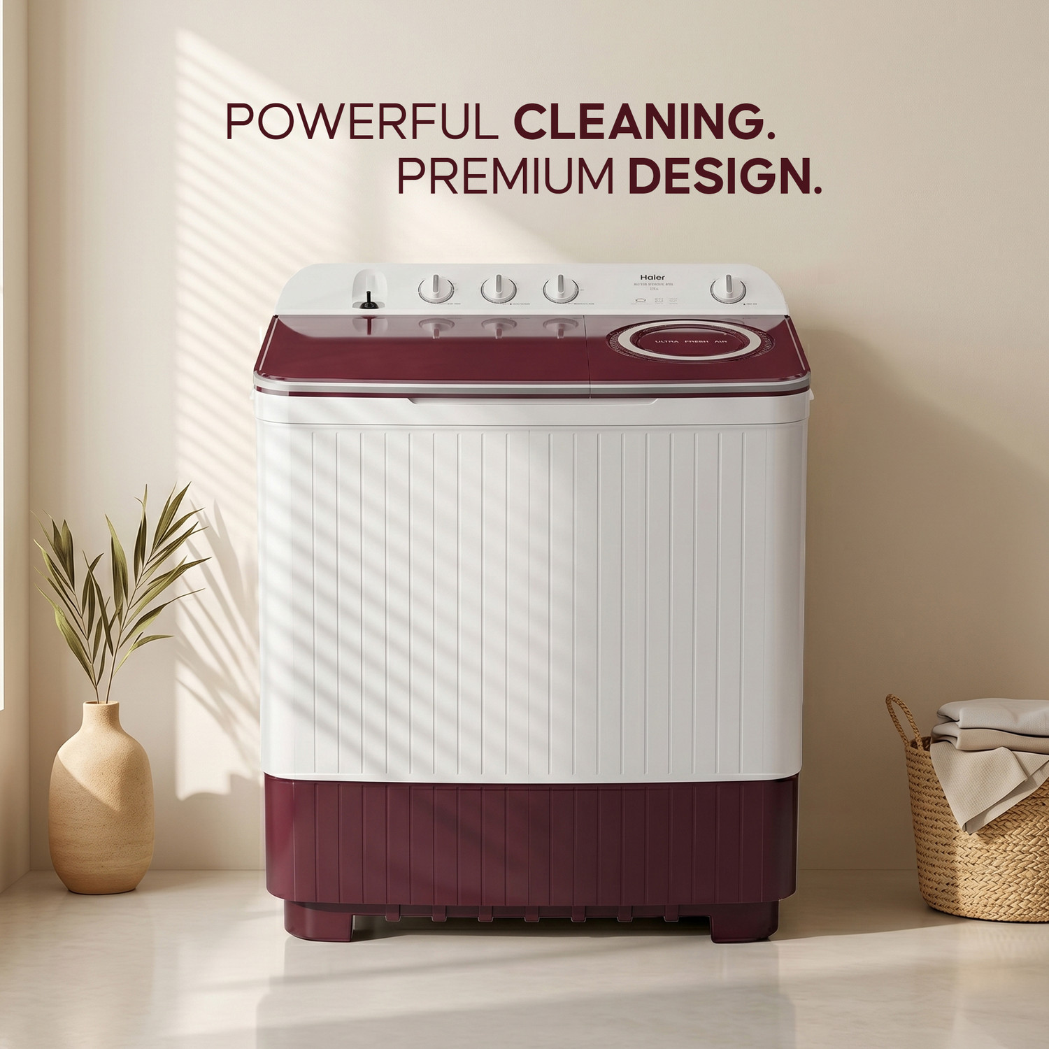 Image of Haier 11 kg Vortex Pulsator, Oxyi Dry, Magic Filter, Anti Rat Mesh & Castor Wheels Semi Automatic Top Load Washing Machine Maroon, White